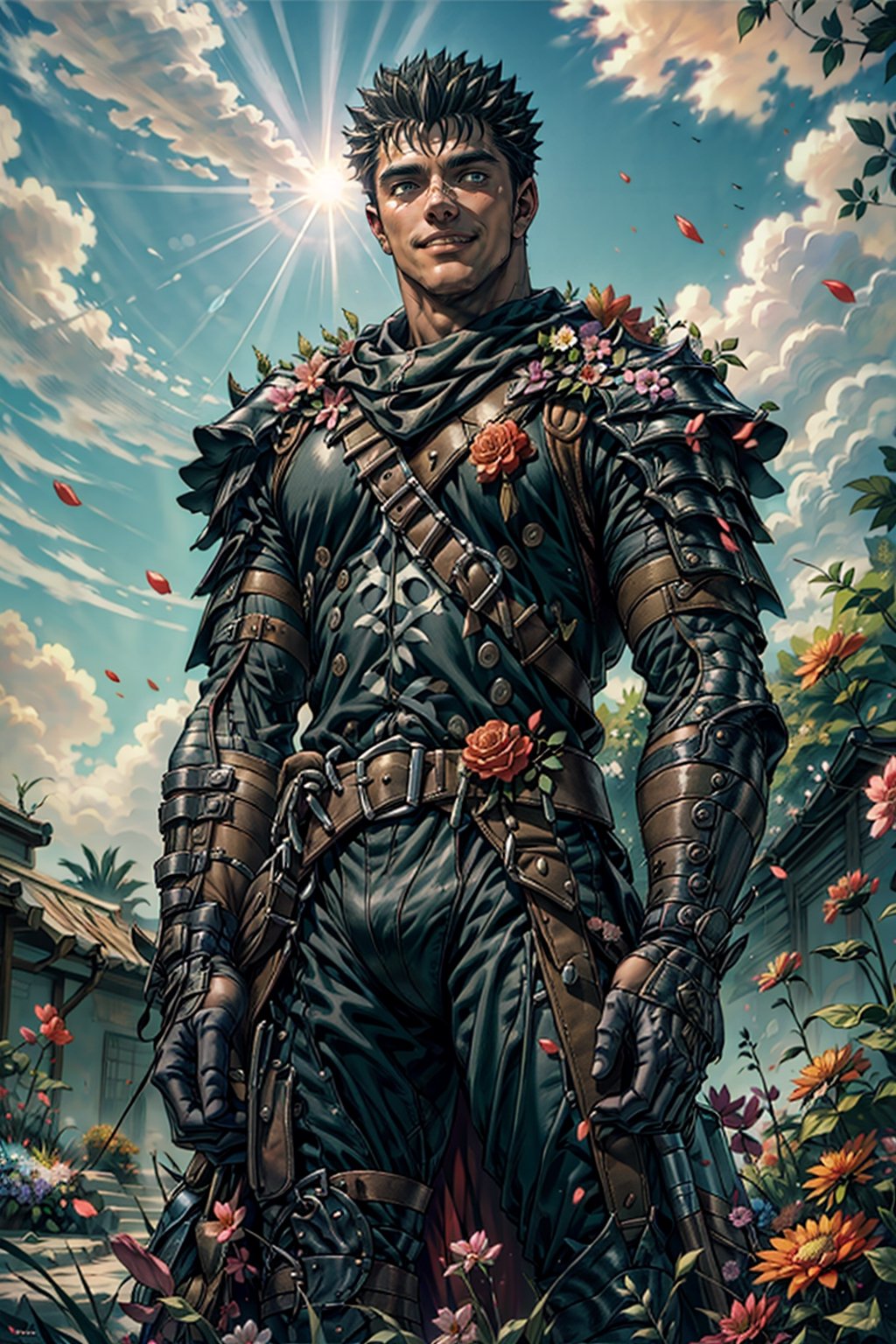 (4k), (masterpiece), (best quality),(extremely intricate), (realistic), (sharp focus), (cinematic lighting), (extremely detailed),

A mature man who looks like "Guts" from Berserk wearing an armor, standing in a garden of flowers. His hair is adorned with flowers. He has a happy expression and is smiling at the viewer. The sun is shining brightly behind him, casting a golden glow over the scene.

,flower4rmor, flower bodysuit,Flower
