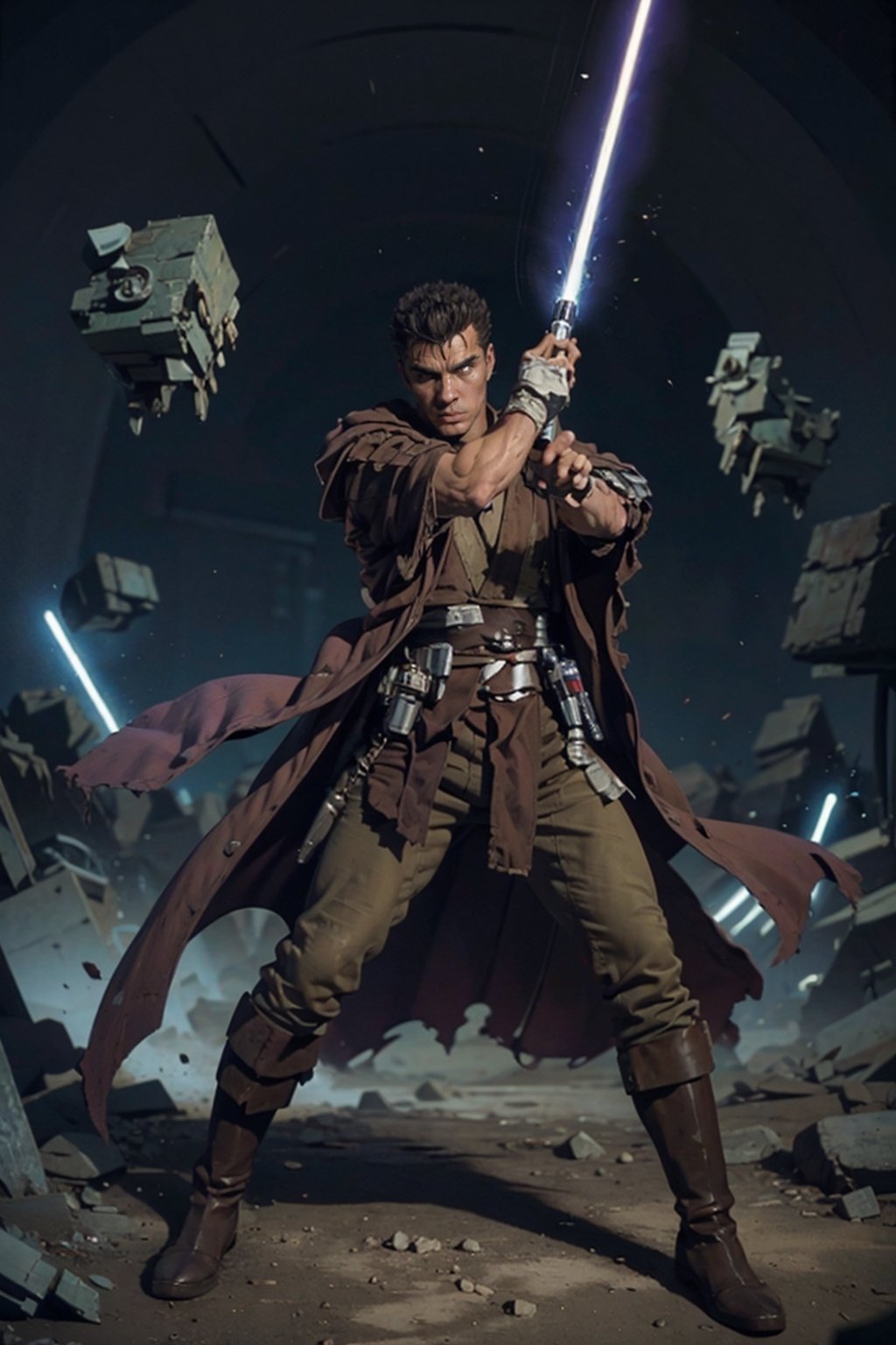 1 man, image of a mature man who looks like "Guts" from Berserk in jedi robes holding a purple lightsaber, mature, 35 years old, dynamic pose, ready for battle, Jedi, Master, Male_Warrior, Male Knight, Torn_Cloak, Torn Clothes, Fight_Traces, in jedioutfit,torn clothes,light_saber,black dress,cloth pieces,purple lightsaber
