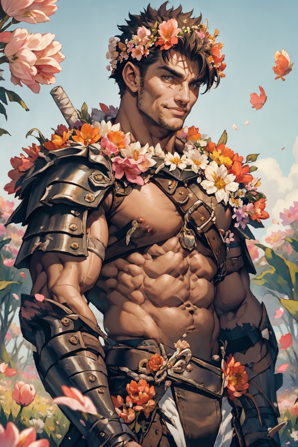 flower4rmor, flower barbarian armor, front view image of "Guts" from Berserk wearing flower barbarian armor, in a field of tulips, sunny summer day, bare chest, very hairy chest, pectoral muscles short hair, flower crown on his head, flower petals in the wind, facing the viewer, turned towards the viewer, happy expression, smiling at the viewer, expressive brown eyes, harness, realistic, masterpiece, high quality, intricate details, detailed background, depth of field, mature, 40 years old, detailed face, Pectoral Focus