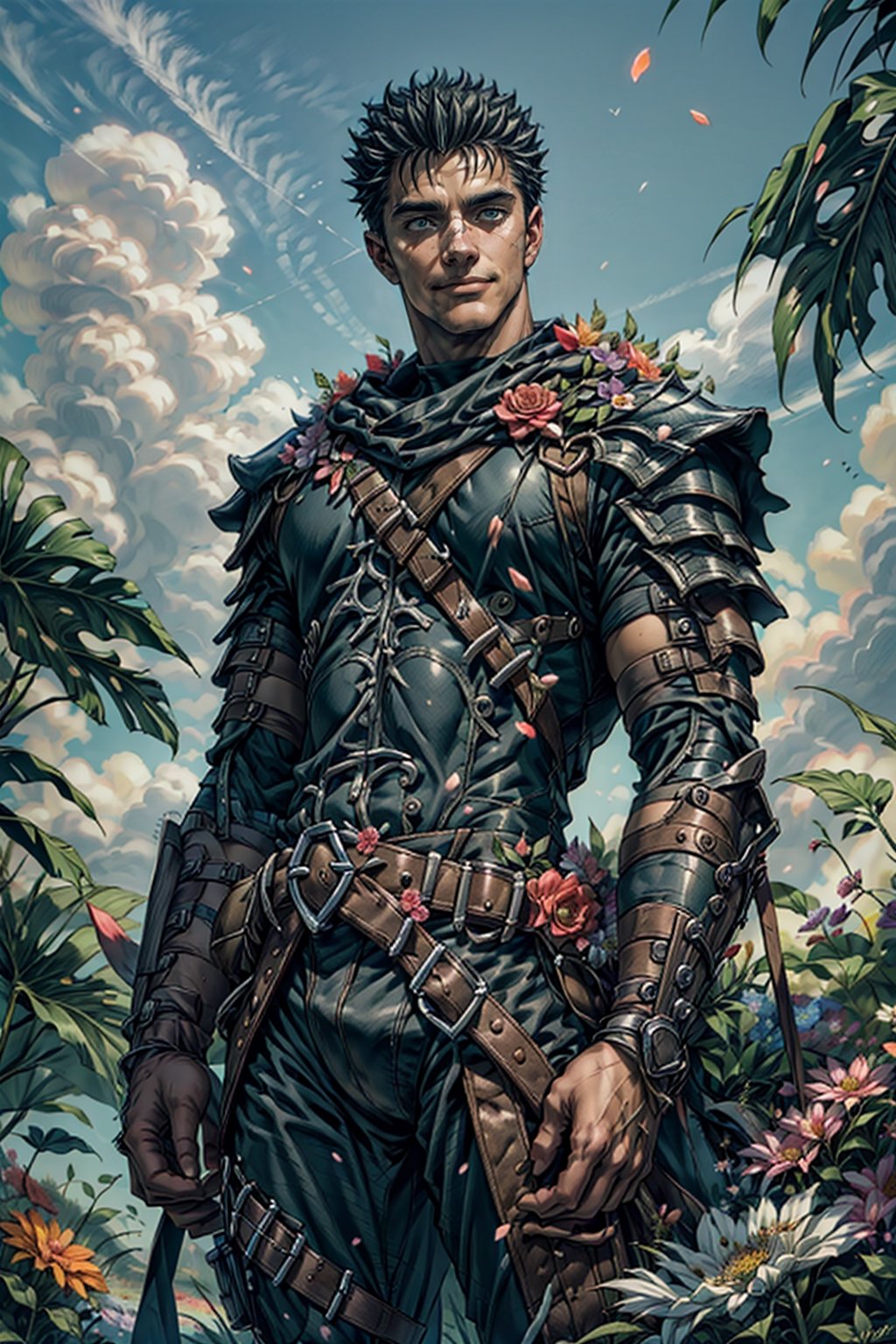 1 man, mature, 40 years old, (4k), (masterpiece), (best quality),(extremely intricate), (realistic), (sharp focus), (cinematic lighting), (extremely detailed),

A mature man who looks like "Guts" from Berserk wearing an armor adorned with flowers, standing in a garden of flowers during a sunny summer day. His hair is adorned with flowers. He has a happy expression and is smiling at the viewer. He is cooling off in the shade of a large tree.

, flower4rmor, flower bodysuit,Flower, 