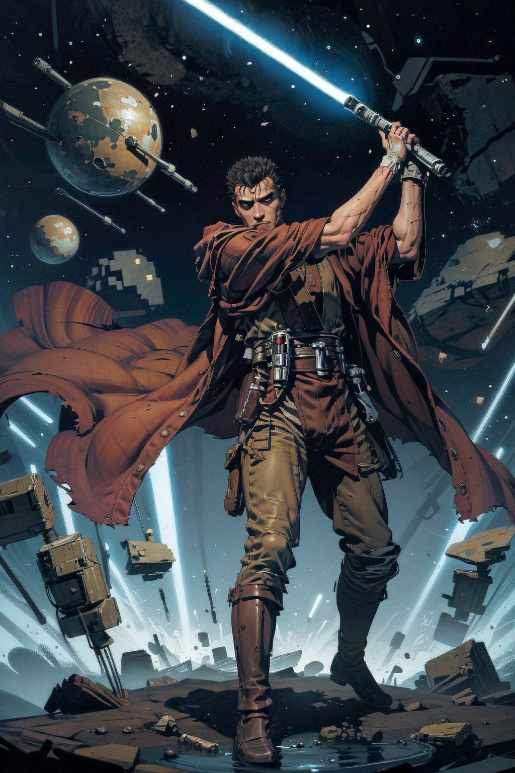 1 man, image of a mature man who looks like "Guts" from Berserk in Jedi robes holding a purple lightsaber in his right hand, mature, 35 years old, short hair, in jedioutfit, torn clothes, correctly wielding a lightsaber, light_saber, black dress, cloth pieces, dynamic pose, on a planet with syscrapers