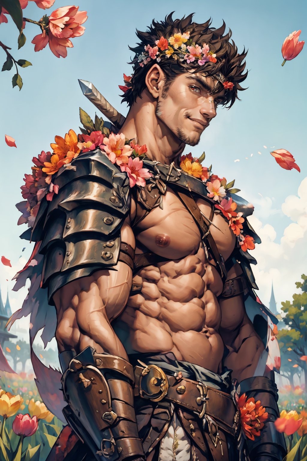 flower4rmor, flower barbarian armor, front view image of "Guts" from Berserk wearing flower barbarian armor, in a field of tulips, sunny summer day, bare chest, very hairy chest, pectoral muscles short hair, flower crown on his head, flower petals in the wind, facing the viewer, turned towards the viewer, happy expression, smiling at the viewer, expressive brown eyes, harness, realistic, masterpiece, high quality, intricate details, detailed background, depth of field, mature, 40 years old, detailed face, Pectoral Focus