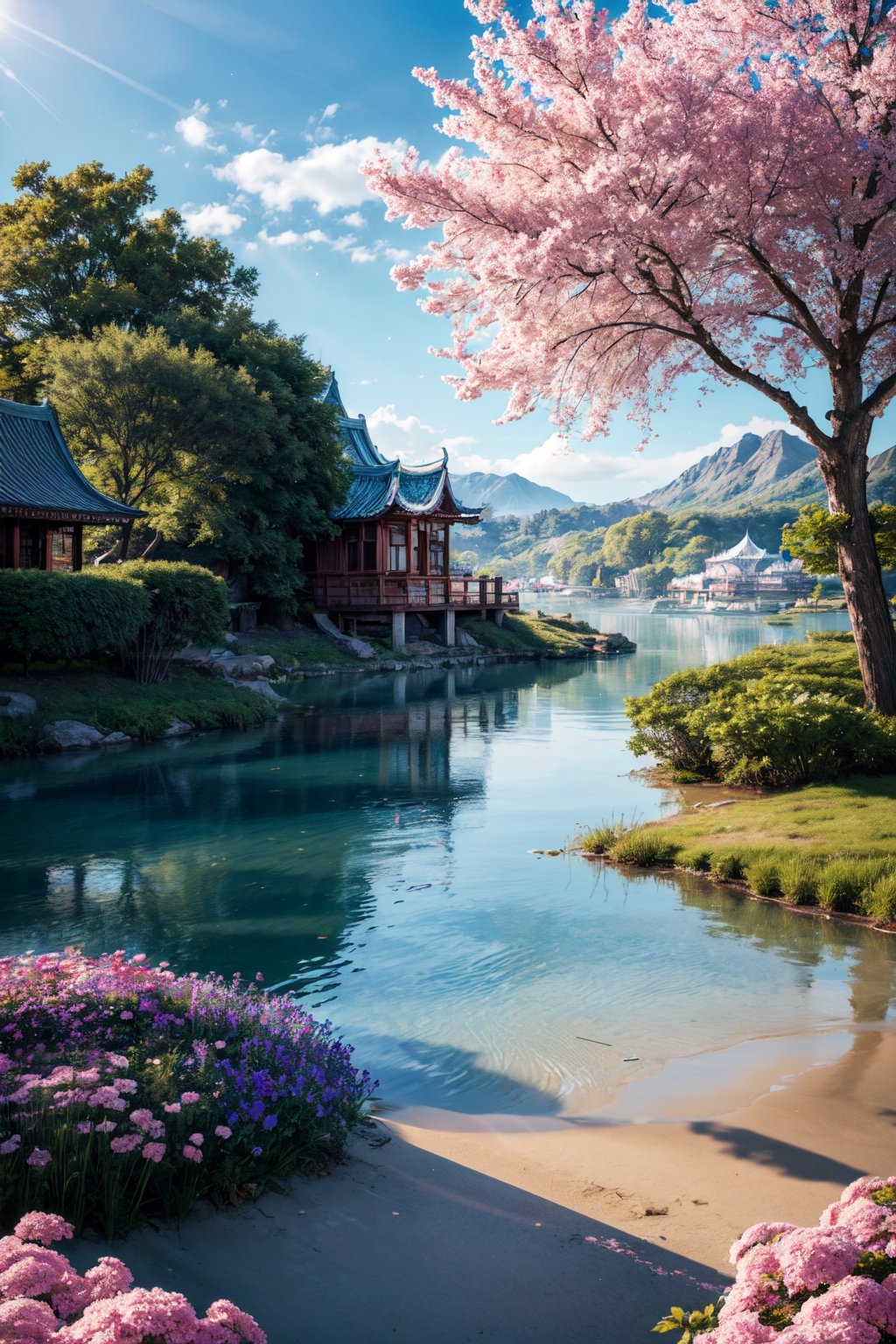 (extremely detailed CG unity 8k wallpaper),(((masterpiece))), (((best quality))), ((ultra-detailed)), (best illustration),(best shadow), ((an extremely delicate and beautiful)),dynamic angle,floating, fairyland,dynamic angle,sea of flowers,beautiful detailed garden,wind,classic,spring, (detailed light),feather, nature, (sunlight), river, forest,(((floating palace))),((the best building)),beautiful and delicate water,(painting),(sketch),(bloom),(shine),Nature,Beautiful Beach