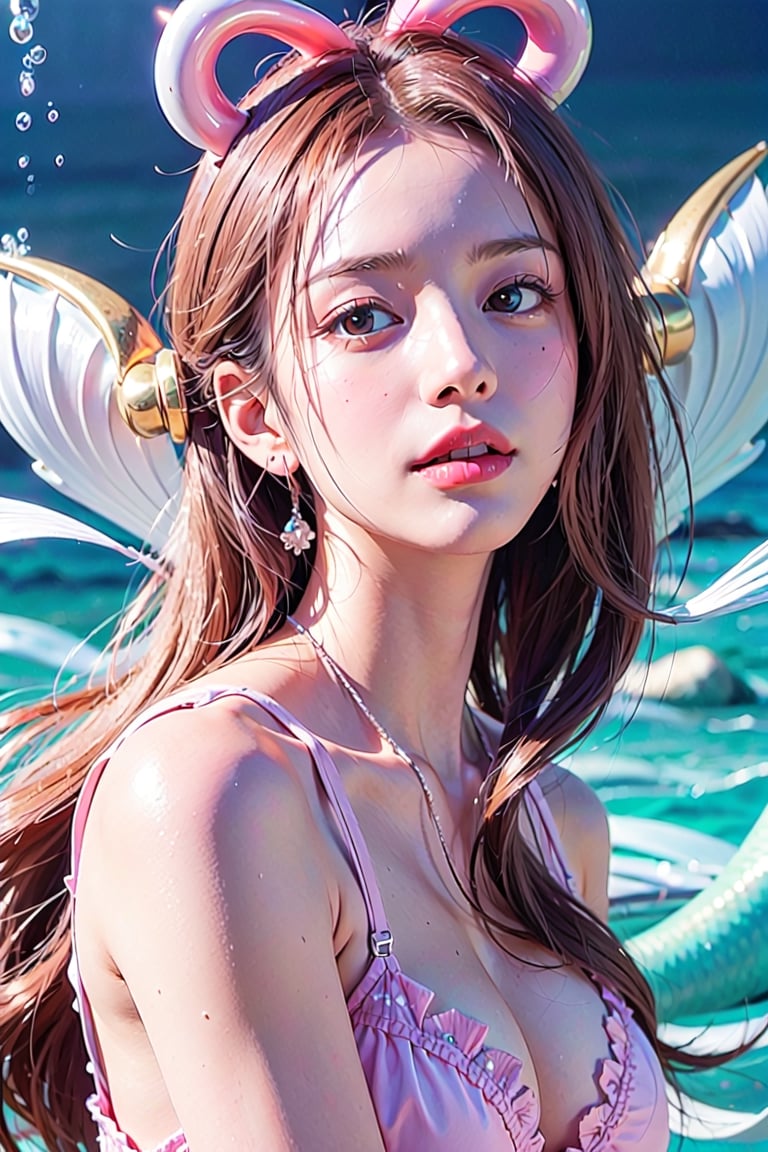 ((top-quality, 8K, masterpiece:1.3)), A detailed eye, (looking at from the front), Look at the camera, ((Everything is sparkling、reflecting light:1.2)), (portrait), Shirahoshi from One Piece, mermaid, pink lights hair, long hair, cute elegant face, full body shot, thoothy smile, head tilt, looking at viewer, under the sea, sea, Shirahoshi with pink tail, elegant figure, mermaid fins.,masterpiece