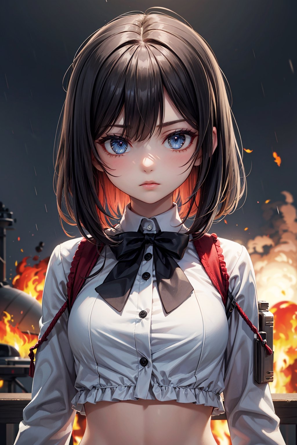 (((masterpiece))),best quality, illustration,(beautiful detailed girl),beautiful detailed glow,((flames of war)),(((nuclear explosion behide))),rain,detailed lighting,detailed water,(beautiful detailed eyes),expressionless,palace,azure hair,disheveled hair,long bangs,hairs between eyes,(whitegrey dress),black ribbon,white bowties,midriff,big forhead,blank stare,flower,long sleeves