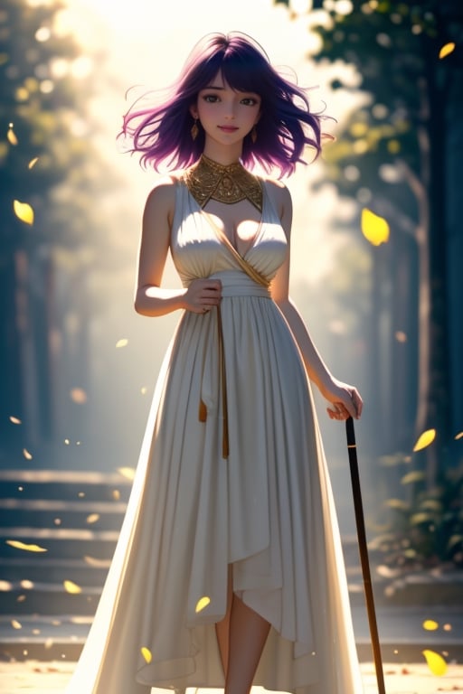 (full body),masterpiece, 1 girl,solo,very bright backlighting,{beautiful and detailed eyes},dazzling sunlight,calm expression,natural and soft light,purple hair, hair blown by the breeze,delicate facial features,eye smile,lips smile,one_breast_out, film grain,realhands, (wearing white dress with golden intricate details), (staff), (holding staff), shot in fantasic sunlight public park,(cowboy shot:1.2),Saori,(one breast out),<lora:659111690174031528:1.0>