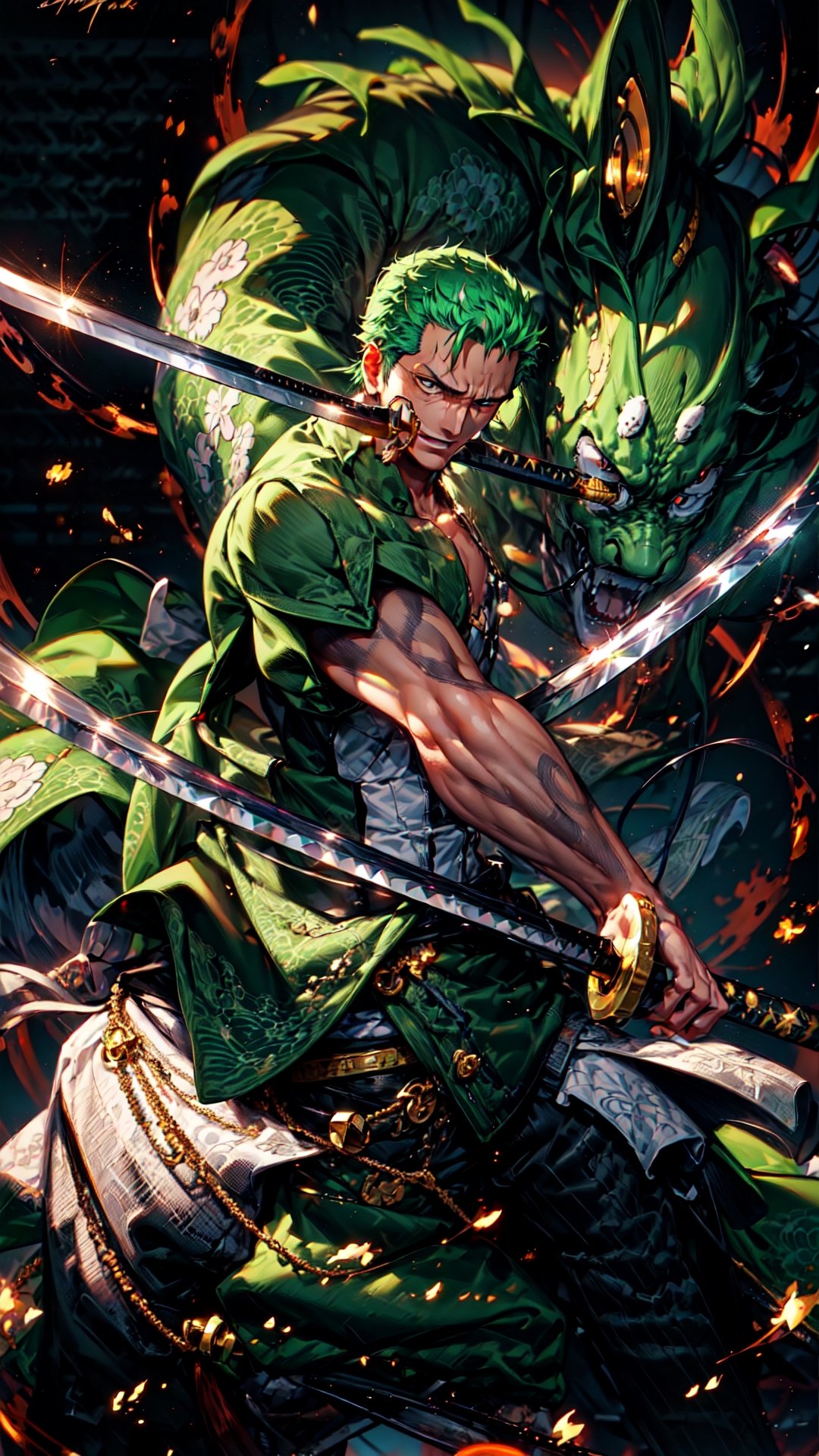  Roronoa Zoro, the iconic character from the One Piece anime:

"Generate a striking and highly detailed visual representation of the legendary swordsman, Roronoa Zoro, from the One Piece anime. Zoro is known for his distinctive appearance and formidable skills.

His hair is a vibrant shade of green, complementing his determined brown eyes. He stands tall and resolute, exuding an air of strength and unwavering determination. Zoro is clad in his signature green outfit, complete with a white haramaki and a bandana.

In his skilled hands, he wields not one but two katana swords, each one unique and finely detailed. The swords should be a reflection of his mastery and the essence of his character.

This image should capture the essence of Zoro's iconic appearance, showcasing his powerful presence and his status as one of the most beloved characters in the One Piece series." Photographic cinematic super super high detailed super realistic image, 8k HDR super high quality image, masterpiece,perfecteyes,zoro, ((perfect hands)), ((super high detailed image)), ((perfect swords)),