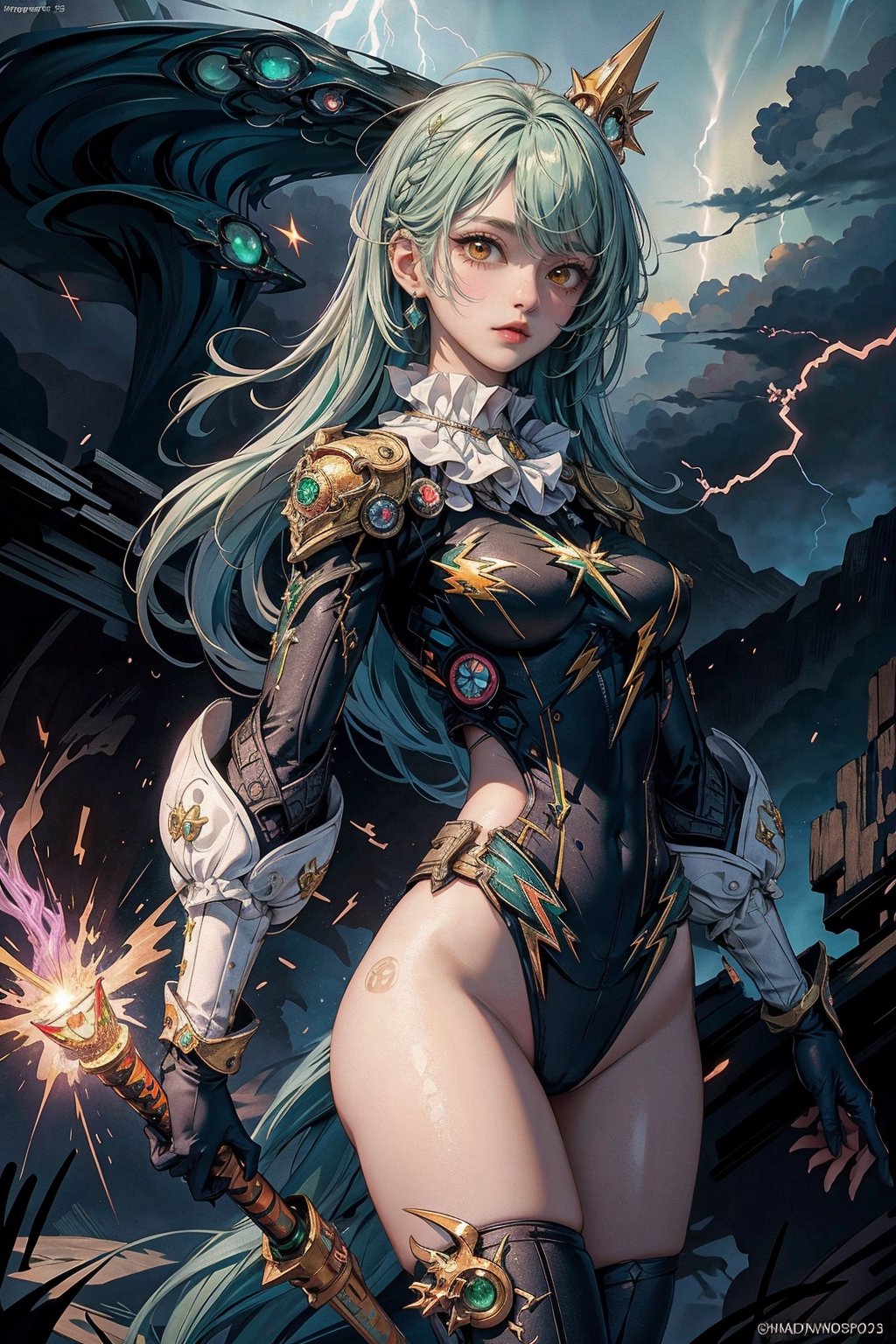 1lady, AgoonGirl, High detailed,  masterpiece, best quality, 8K, highres, absurdres:1.2,ultra-detailed, illustration,SharpEyess,
(((thunderbolt_goddess, emerald_hair, spark, lightning, storm, tempest, from_below))),
AgoonGirl,nijilorawolf,nijigirl, clownpiece,