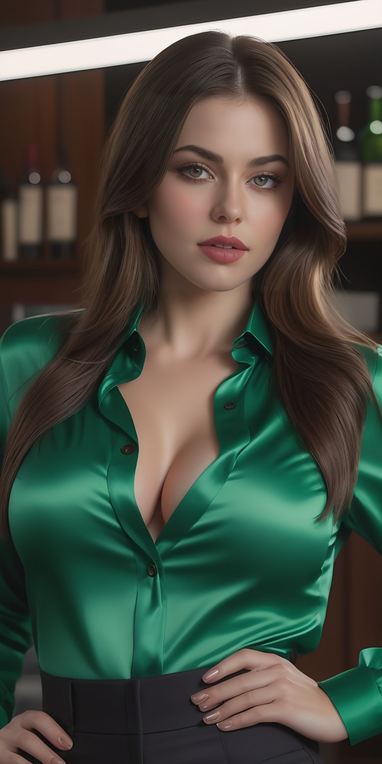 photorealistic, realistic body proportions, long straight brown hair, european female, intense green satin  shirt, bar environment, ((realistic large breasts)), better lighting, light makeup, thick thighs, cherry lips, knee up view, highly detailed, cinematic 4k epic detailed 4k epic detailed photograph, hyperrealistic, masterpiece, long leeve unbottoned office shirt, black office pants