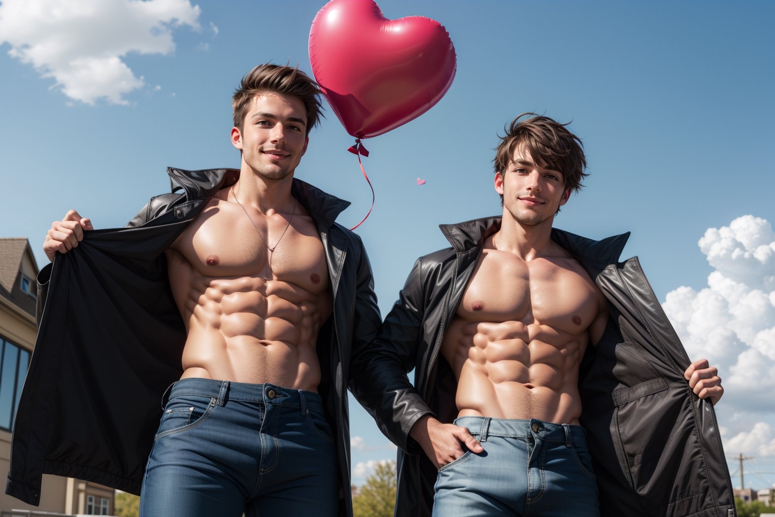 smile, short hair, brown hair, shirt, black hair, navel, holding, closed mouth, nipples, male focus, heart, outdoors, multiple boys, open clothes, sky, day, pants, cloud, 2boys, blue sky, coat, open shirt, muscular, abs, pectorals, yaoi, balloon, bare pectorals, red pants, heart balloon, looking_at_viewer