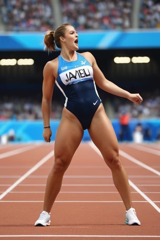 (+18) ,
A sexy olympics player of javelin throw ,
She has a sexual reaction during the throw of Javelin in the Olympicsstadium ,

Large breast, 
Cleavage, 
Big_hips, 
Large_thighs, 
Large upper legs, 
Small waist, 
Visible ample pussy, 
raw, high_resolution, 
highly detailed, hdr, masterpiece, 
realistic, ultra realistic, detailed image, 
detailed skin ,
Hourglass figure, 
Full body shot, 