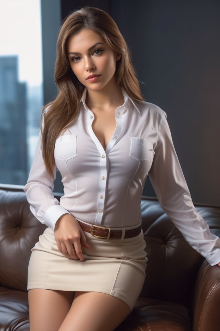 Full body shot, front view, photorealistic, masterpiece, best quality, raw photo, 1girl, secretary, small size breasts, long hair, brown hair, wearing collared white shirt, mini_skirt  , looking at viewer, 
Hour Glass body, big wide hips , showing huge ass , visible curves, ample upper legs , sitting_down on a sofa , relaxed , showing Big thighs , dynamic lighting, in the dark, deep shadow, low key, intricate detail, detailed skin, pore, highres, hdr ,photo r3al
