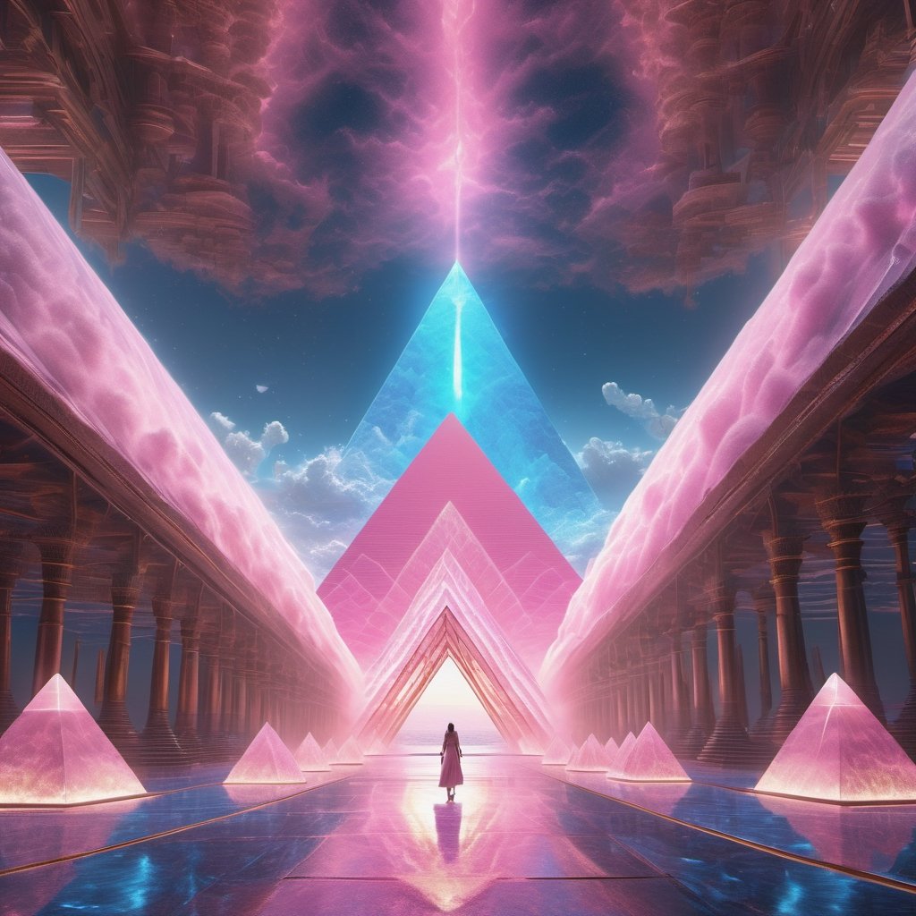[a translucent pyramids of Giza made of pink light made from a cloud of dust in the middle of the transparent blue ocean], 
Huge white plasma waves sticking one side of the pink pyramids , 
A blonde naked woman walking on water ,

intricate design, 
photorealistic, 
hyper-realistic, 
high definition, 
extremely detailed, 
cinematic, 
UHD, HDR, 32k, ultra hd, 
realistic, 
dark muted tones, 
highly detailed, 
perfect composition, 
beautiful intricate detailing , 
incredibly detailed octane render, trending on artstation,DonMPl4sm4T3chXL 