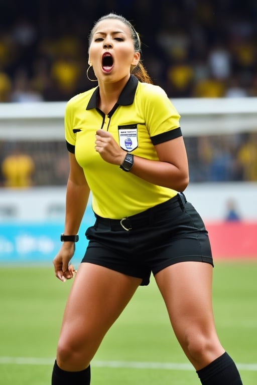(+18) ,
A sexy ((referee)) woman doing nothing but shouting, 
Holding a whistle and yellow card ,
She has a sexual reaction during a soccer match ,
Black tight shirt 👕  ,
Cleavage, 
Big_hips, 
Large_thighs, 
Large upper legs, 
raw, high_resolution, 
highly detailed, hdr, masterpiece, 
realistic, ultra realistic, detailed image, 
detailed skin ,
Hourglass figure, 
Full body shot, 