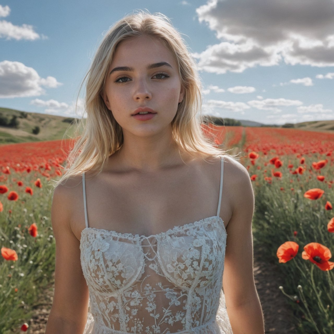 (realism:1.3) RAW photography, fine detail, quality, natural light, (masterpiece:1.2), (photorealism:1.2), (best quality), (skin detail:1.3), (intricate details), dramatic, ray tracing, 1 girl, white Hispanic girl, blonde hair, 21 years old, medium breasts, (Meadow, Sun, Clouds, Field of poppies, Walking trail),Movie Aesthetic,Extremely Realistic