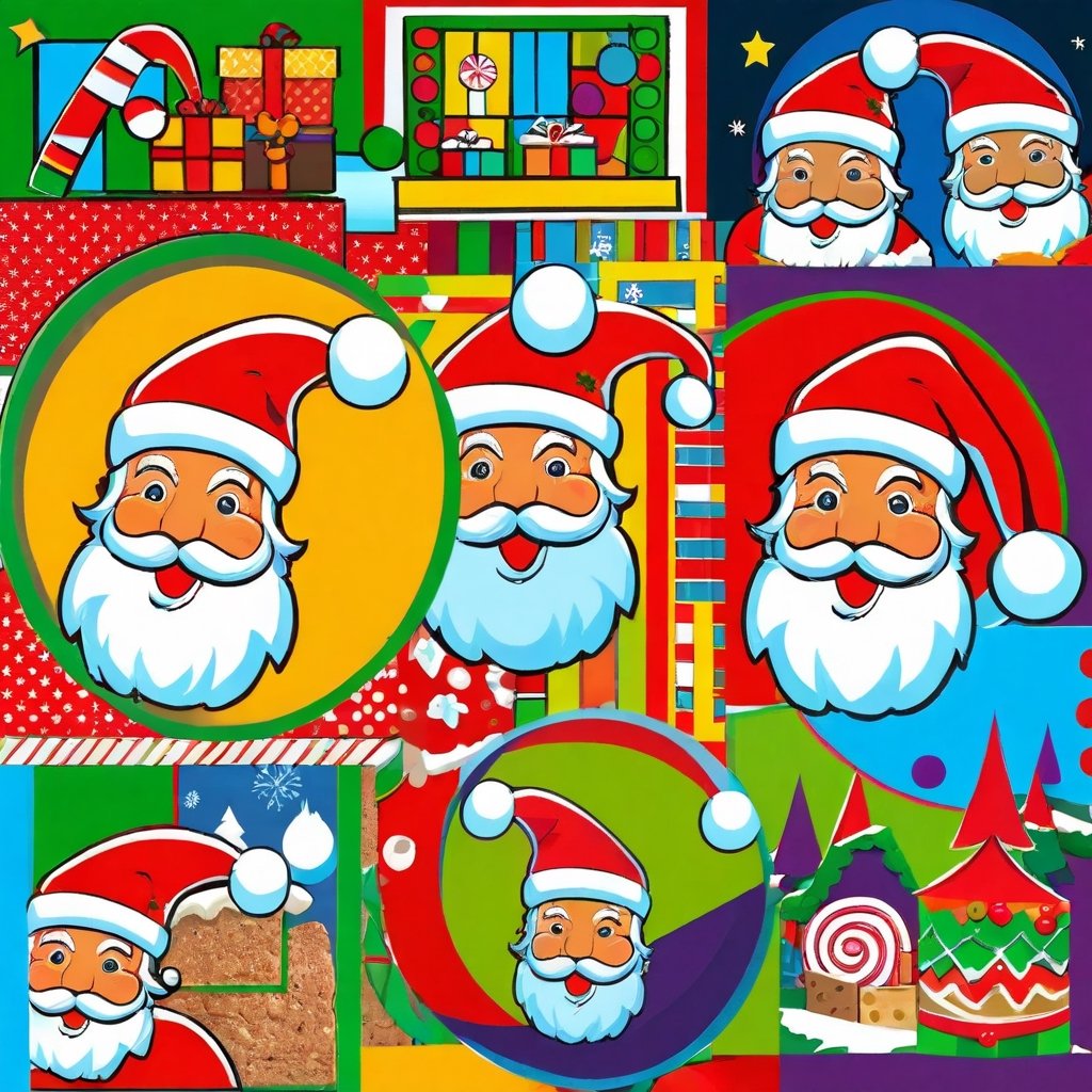 christmas pop art, santa claus, fruitcake, harmonious and unified,full of anticipation and excitement,nostalgic and reminiscent, industrial lighting,