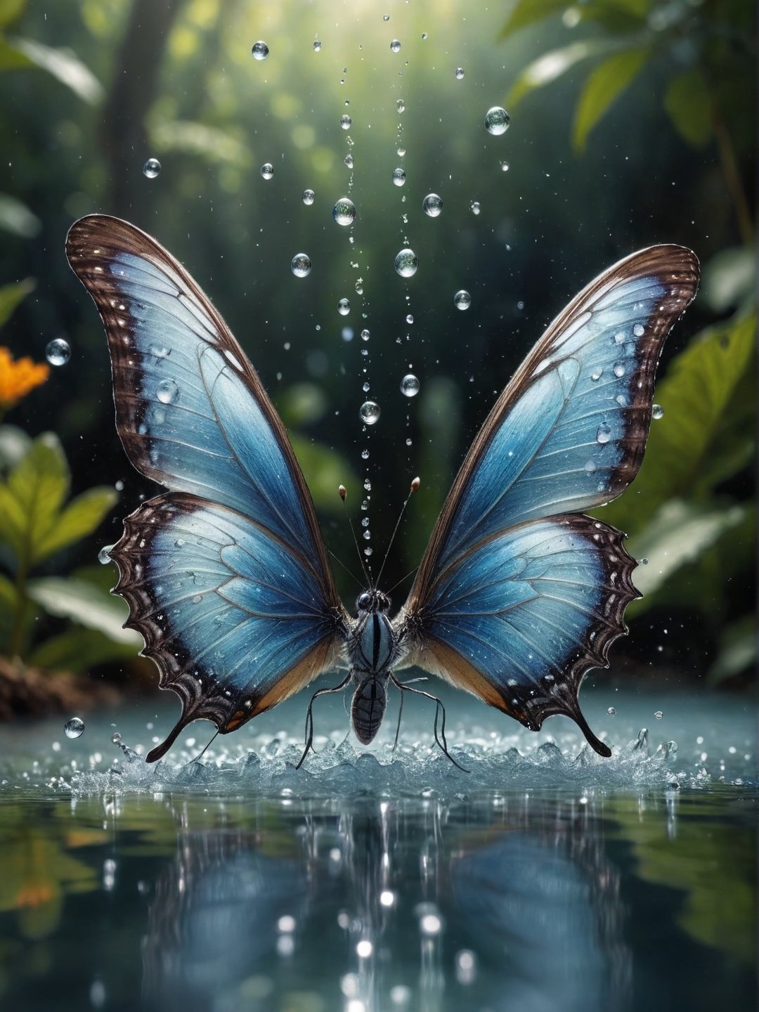 high quality, highly detailed, 8K Ultra HD, butterfly made of water spray, In this enchanting artwork, the very essence of water transforms into ethereal butterflies, each droplet gracefully adorning the wings of a butterfly in flight, The translucence of the water captures the delicate beauty of the butterfly, as if nature has granted fleeting wings to the liquid essence, The intricate patterns formed by these aquatic butterflies evoke a sense of enchantment, their ephemeral forms suspended in time, The play of light on their wings adds a touch of magic, turning ordinary droplets into a symphony of aquatic butterflies, dancing in the realm where water meets whimsical flight, by yukisakura, awesome full color,