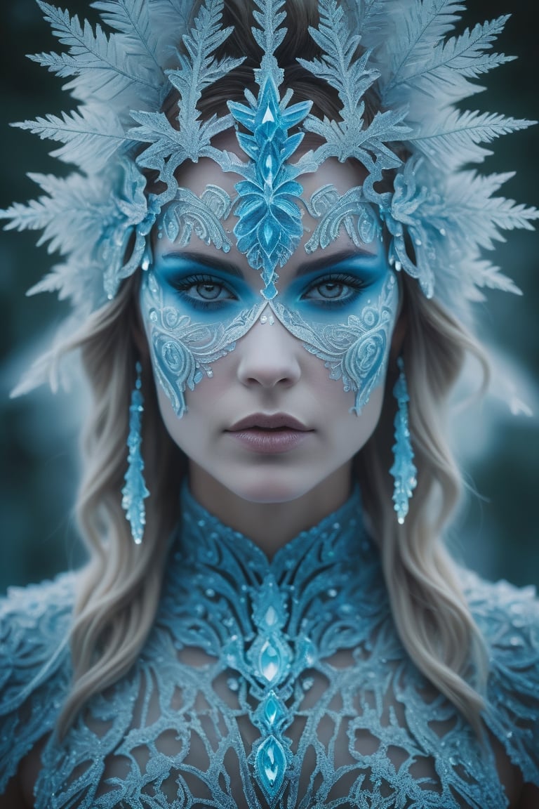 Rorschach Editorial Photography, Portrait, Frost Goddess, Neo Tribal frost Art, ((Background Christmas Tree:1.2) Bokeh:0.7), frost crystal