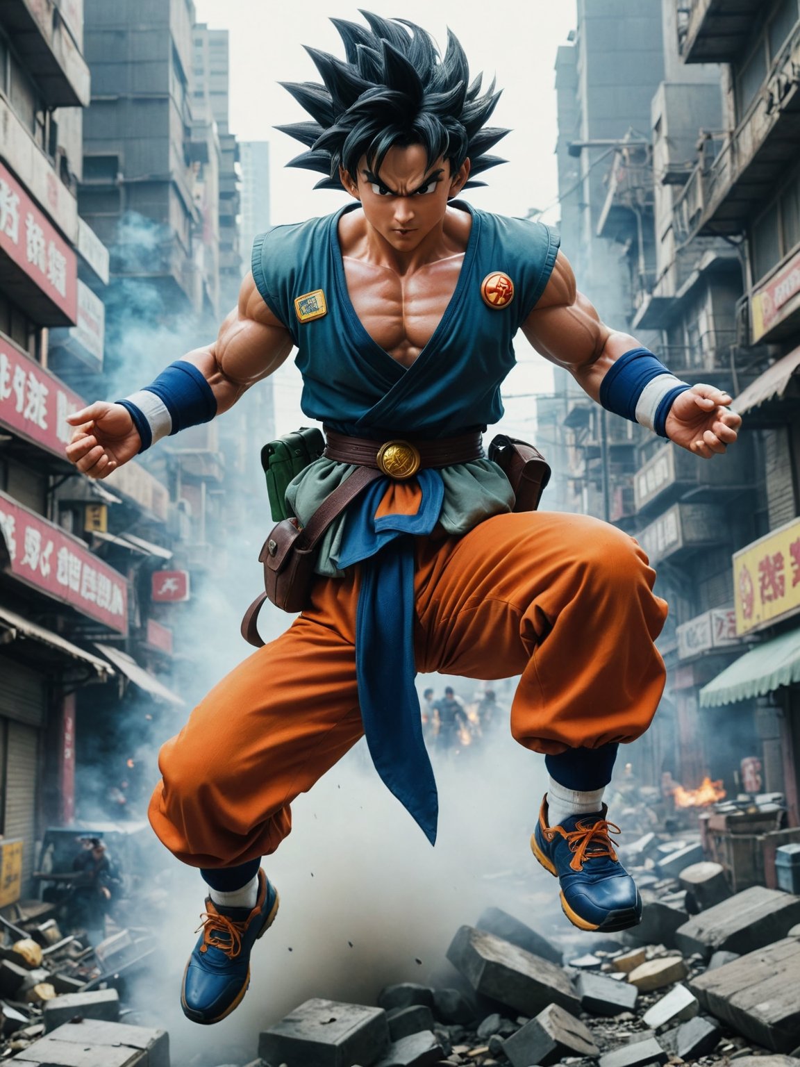 + ranger, Dragonball series, Overwhelmed, in subatomic city, slightly above sight, metal, ascending, exotic, epic cinematographic shot of dynamic in motion, main theme of a high budget action film, rough photography, blur of movement, better quality, high resolution