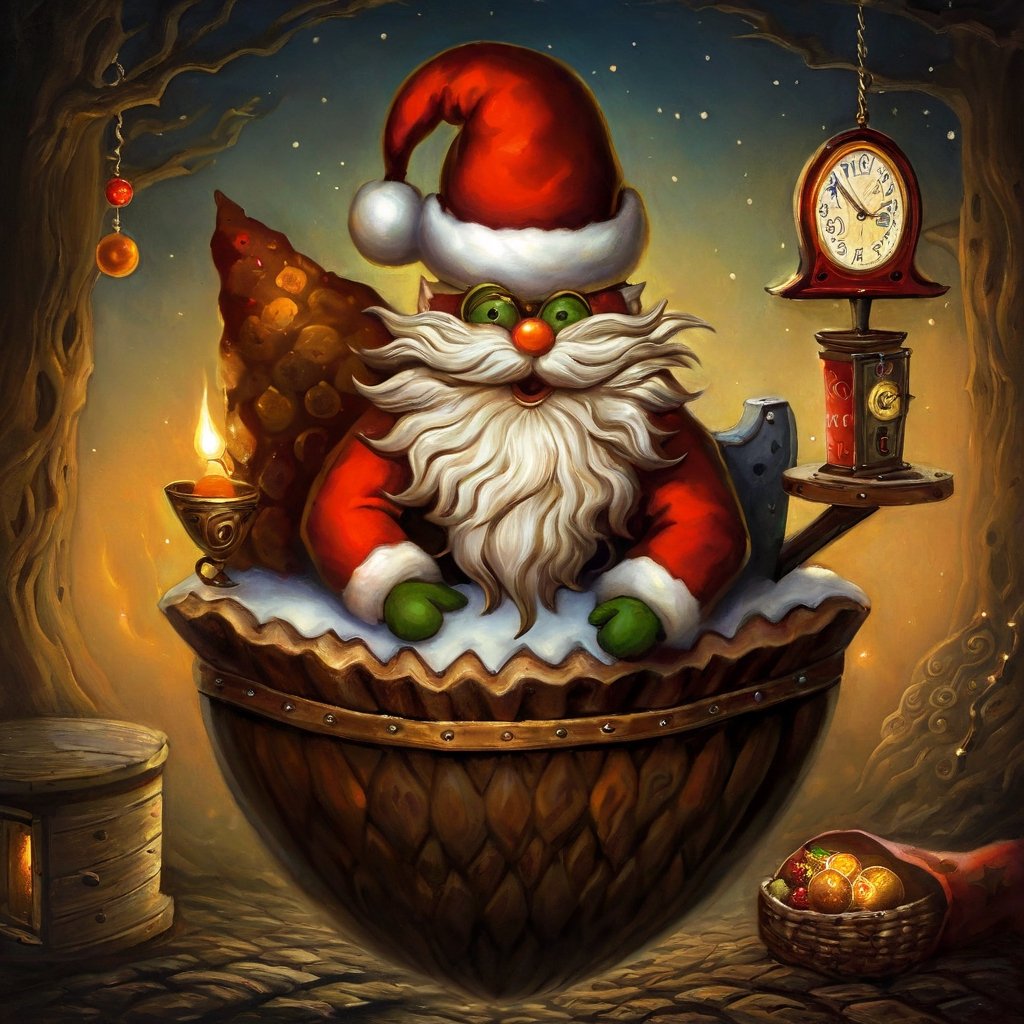 christmas art, madness style, santa claus, fruitcake, harmonious and unified, full of anticipation and excitement, nostalgic and reminiscent, industrial lighting, cartoon moonster, bangerooo, in the style of esao andrews