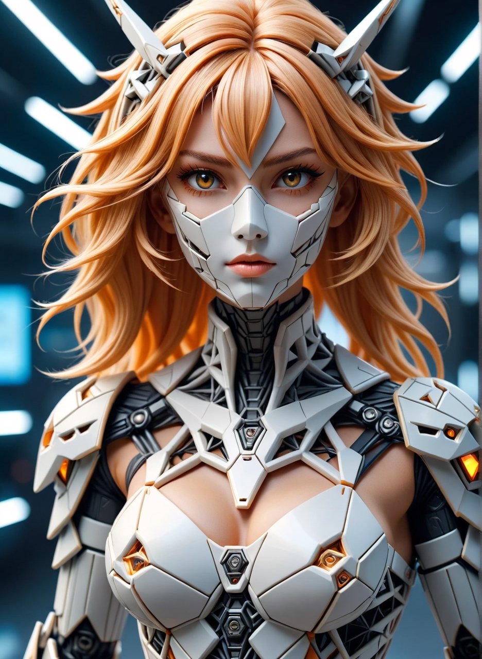 Portrait, 1girl, mecha suit, samurai face mask, menpo, upper body, underboob, portrait, white orange armor, blonde shimmering hair, 8K, RAW, best quality, masterpiece, ultra high res, colorful, (medium wide shot), (dynamic perspective), sharp focus , (depth of field, bokeh:1.3), extremely detailed eyes and face, beautiful detailed eyes,large breasts,black glowing reflective ral-pnrse surface, trimmed gear,In a futuristic weapons factory, ((masterpiece, best quality)), niji, from side, upper body, hips,ral-pnrse