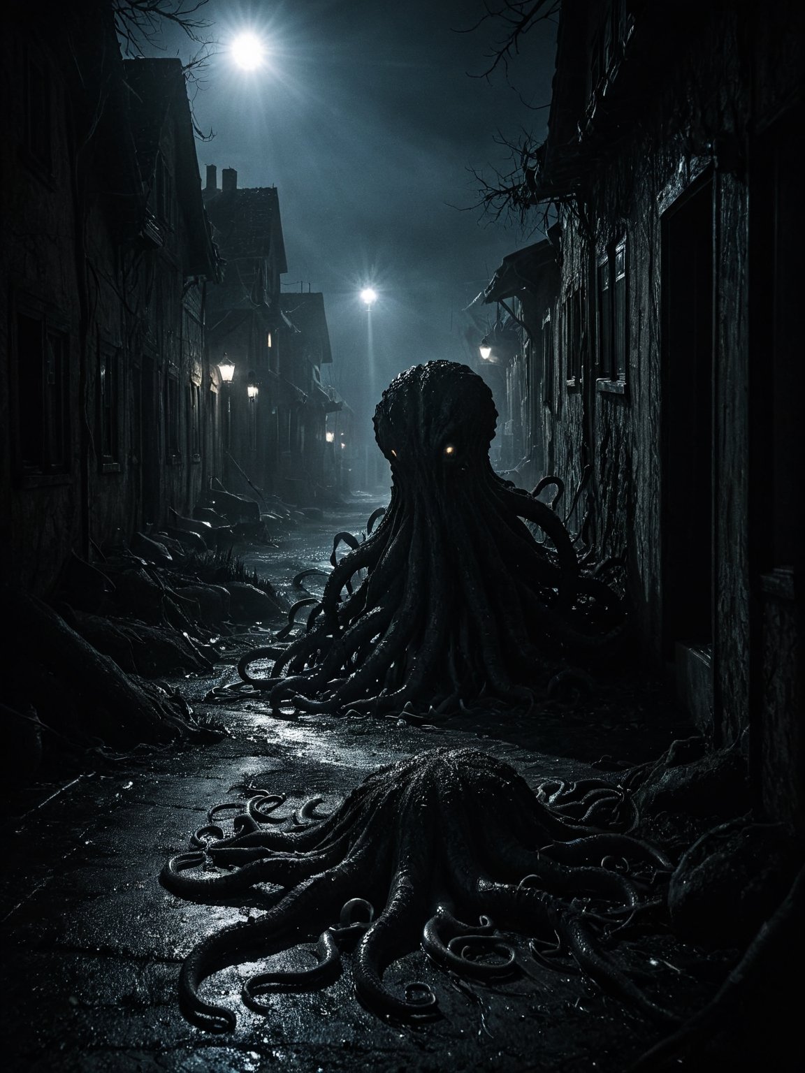 realistic photography, a small sleepy town, dark night, ground cracks open, monstrous entity, The creature revealed, colossal tentacles sprawled across the town, smashing houses and trees. light from the fissure, shadows, high-contrast, dynamic scene, sense of horror,Movie Still,Extremely Realistic