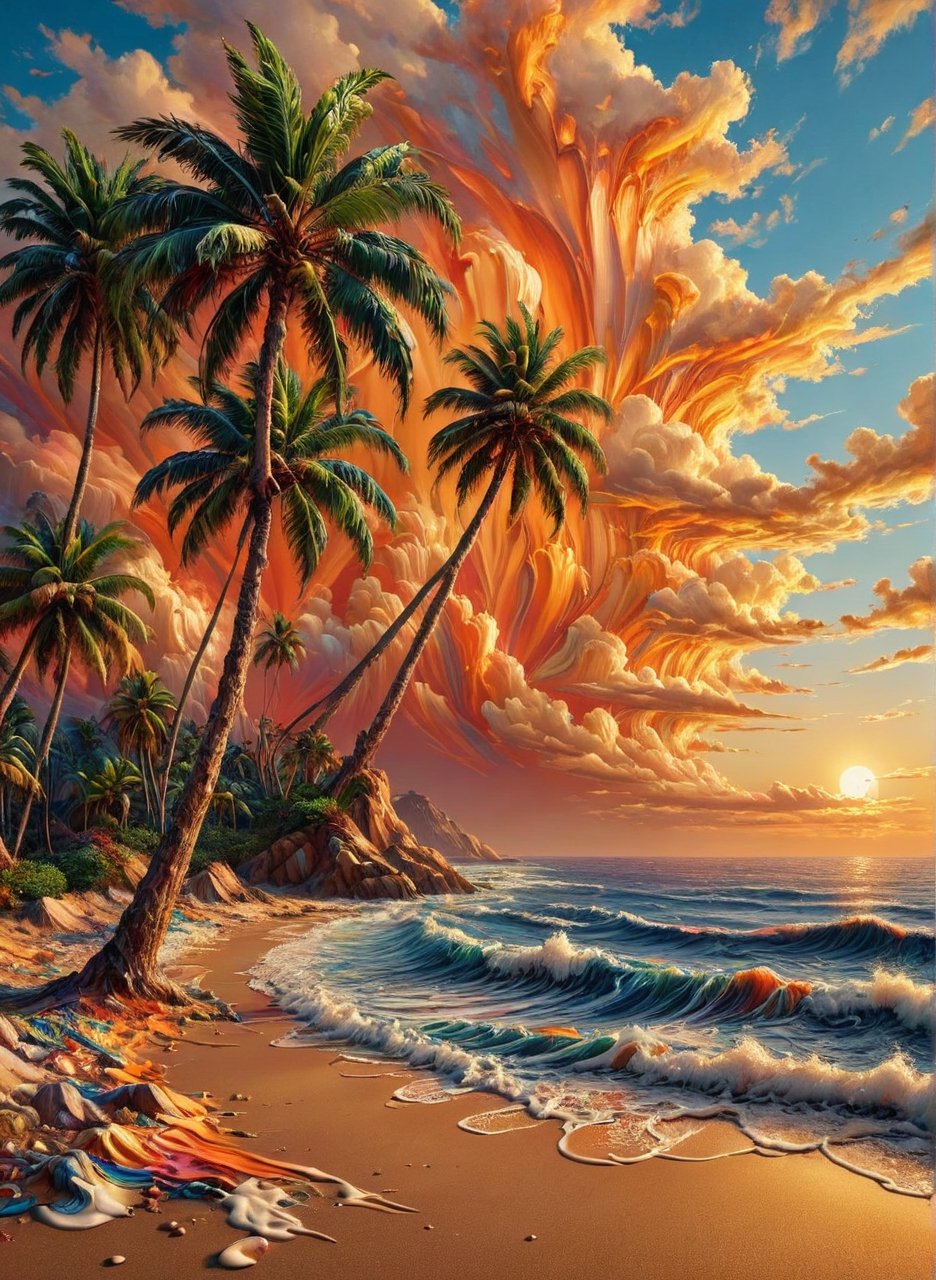 sea bay, beach, palm tree, sunset, orange sky, cloud, on the shore magic portal, (masterpiece), (highly detailed acrylic illustration),(expressionless), (best quality:1.2), High quality texture, intricate details, detailed texture, High quality shadow, Depth of field, light source contrast, perspective,20s,,cinematic_warm_color,covered with ais-acrylicz,ais-acrylicz