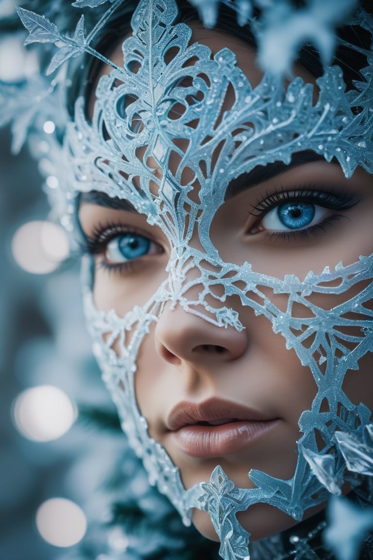Rorschach Editorial Photography, Extreme Close Up Female Face, Frost Goddess, Neo Tribal frost Art, (Background Christmas Tree Bokeh:1.2), frost crystal