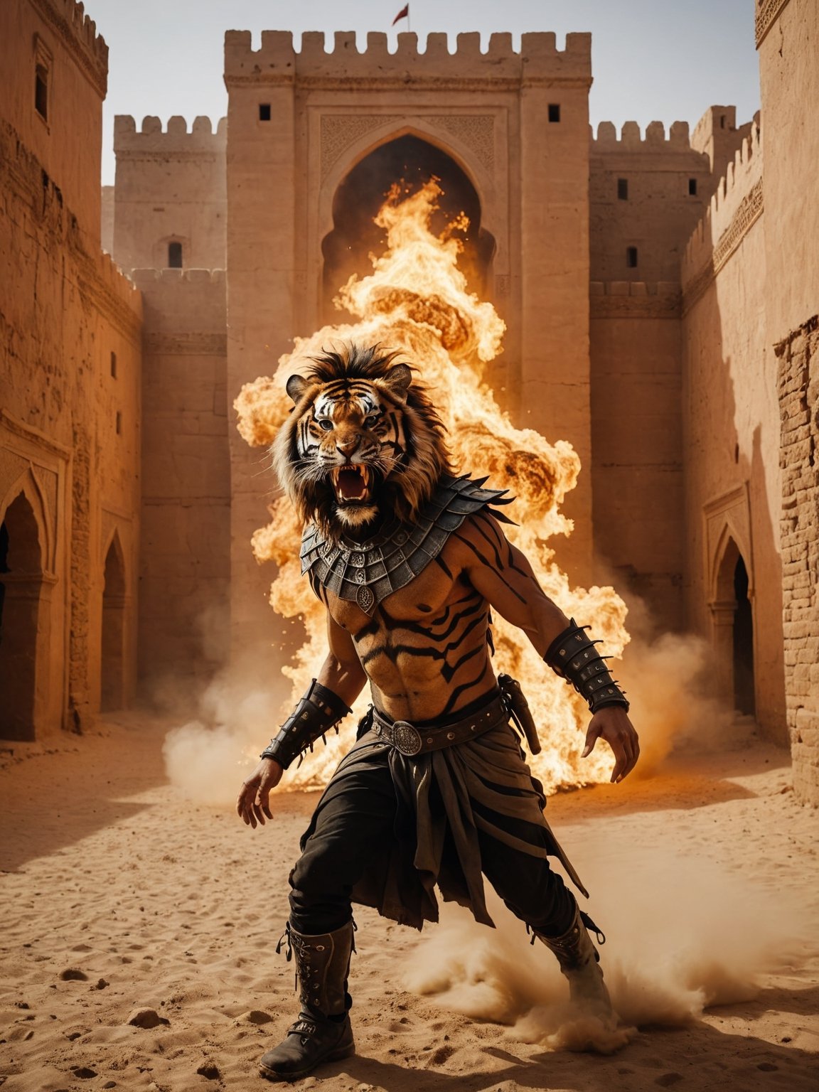 + Metalhead, Tigre, Q2, nomad, in Moroccan desert castle, full body photo view, Horror wave, burning, abyssal, epic cinematographic shot of moving dynamics, main theme of a high budget action film, rough photography, motion blur, better quality, high resolution

