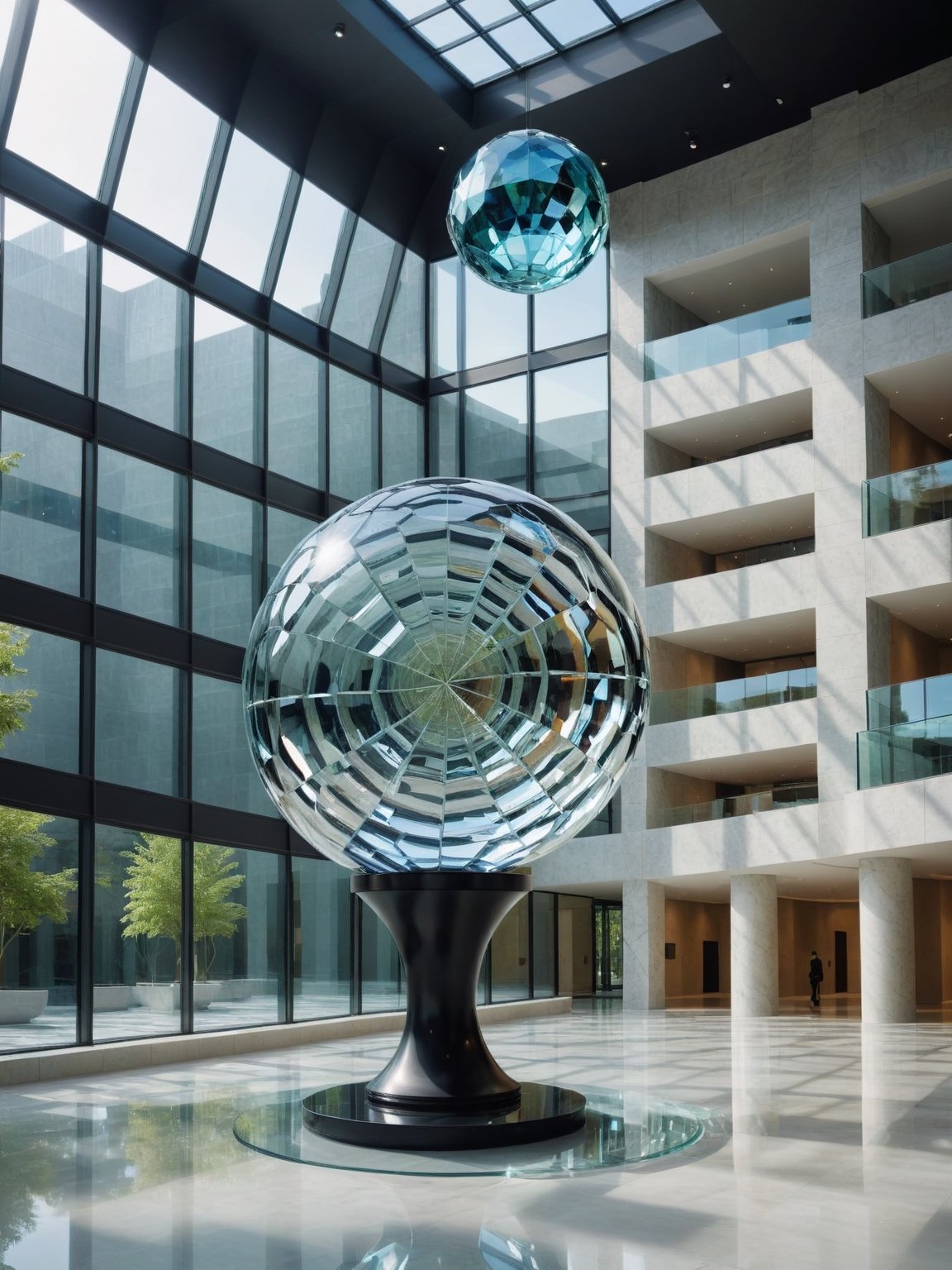 A high detailed DSLR RAW photo of a modern, spacious hi-tech interior with high ceilings and large windows. In the center, place a large, intricate organic glass sculpture with multi-faceted surfaces. Surround it with smaller, diverse glass artworks in various colors and textures. Include both natural light from the windows and artificial spotlights highlighting the sculptures. Show complex reflections and shadows on the sculptures, walls, and a polished marble floor. Capture the scene from an angle emphasizing the central sculpture with a slightly blurred background,grain_of_film,cinematic_grain_of_film,cinematic_warm_color,Glass Elements