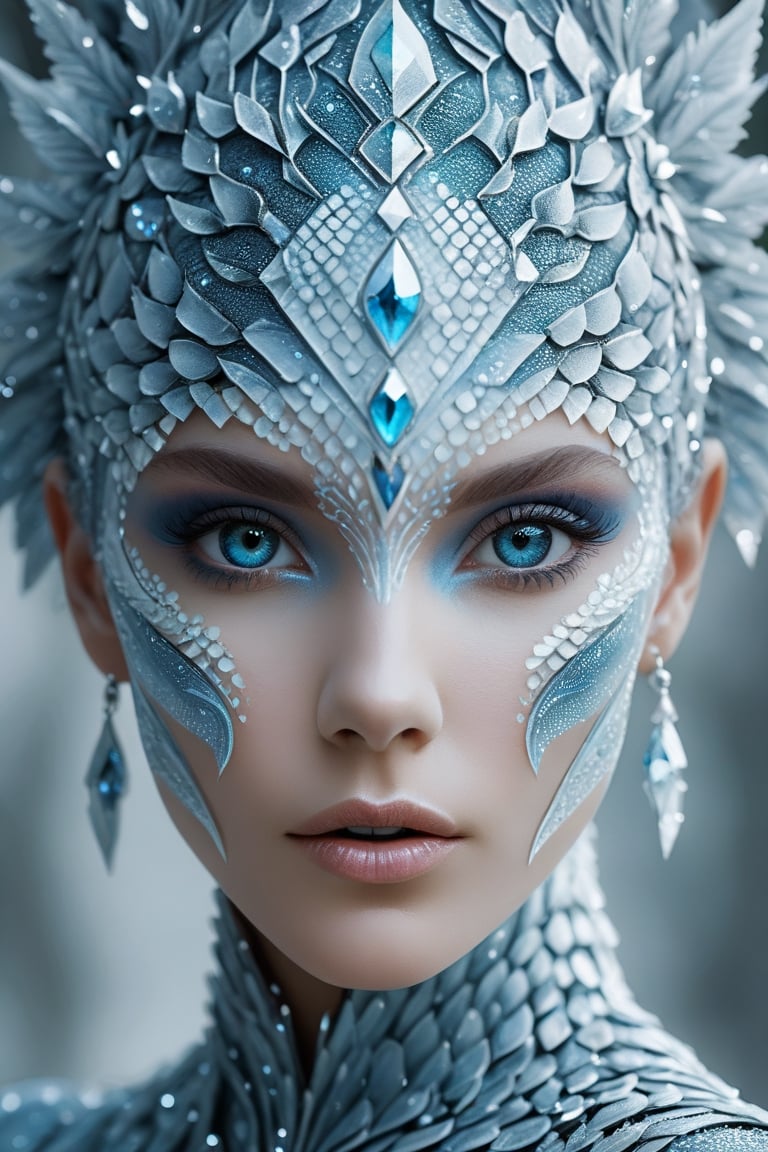 Rorschach Editorial Photography, close up portrait, Frost Goddess, Neo Tribal frost Art, detailed skin, ((Background Christmas Tree:1.2) slight Bokeh:0.7), frost crystal, Hexagonal Scales,Hexagonal Squama