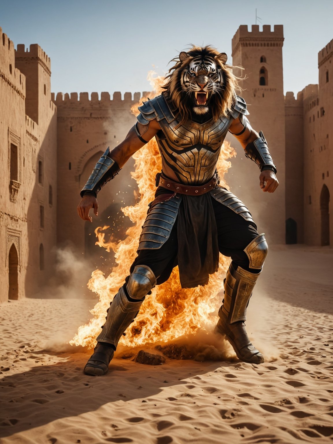 + Metalhead, Tigre, Q2, nomad, in Moroccan desert castle, full body photo view, Horror wave, burning, abyssal, epic cinematographic shot of moving dynamics, main theme of a high budget action film, rough photography, motion blur, better quality, high resolution,