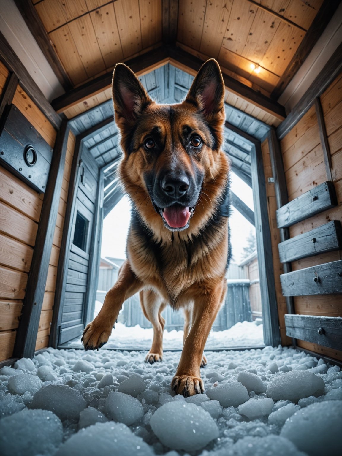 + German Shepherd, cyberpunk, small body, in Dog House, fish eye view, frost, glowing, metamorphic, epic cinematographic take of moving dynamics, main theme of a high budget action film, rough photography, blur of movement, better quality, high resolution