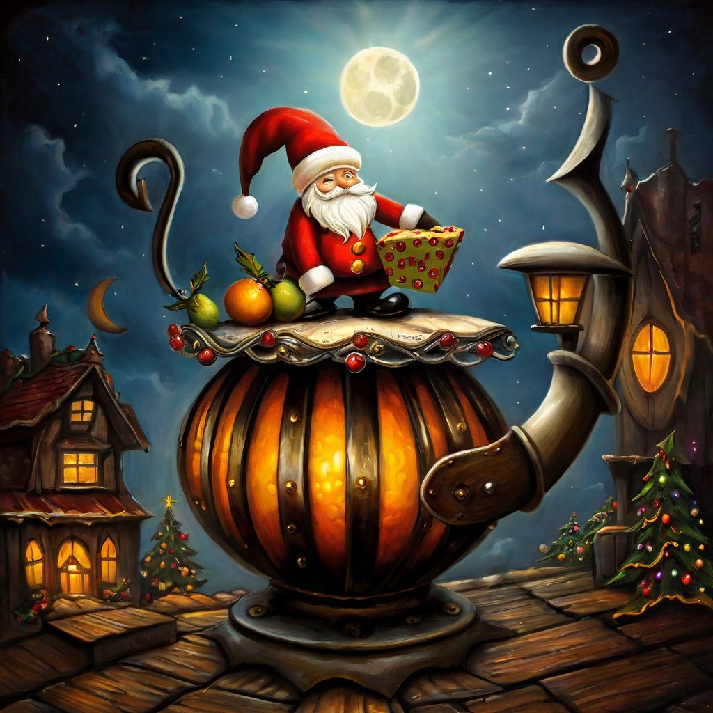 christmas art, madness style, santa claus, fruitcake, harmonious and unified, full of anticipation and excitement, nostalgic and reminiscent, industrial lighting, cartoon moonster, bangerooo, in the style of esao andrews
