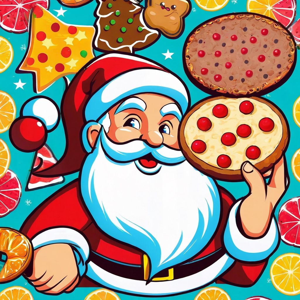 christmas pop art, santa claus, fruitcake, harmonious and unified,full of anticipation and excitement,nostalgic and reminiscent, industrial lighting,