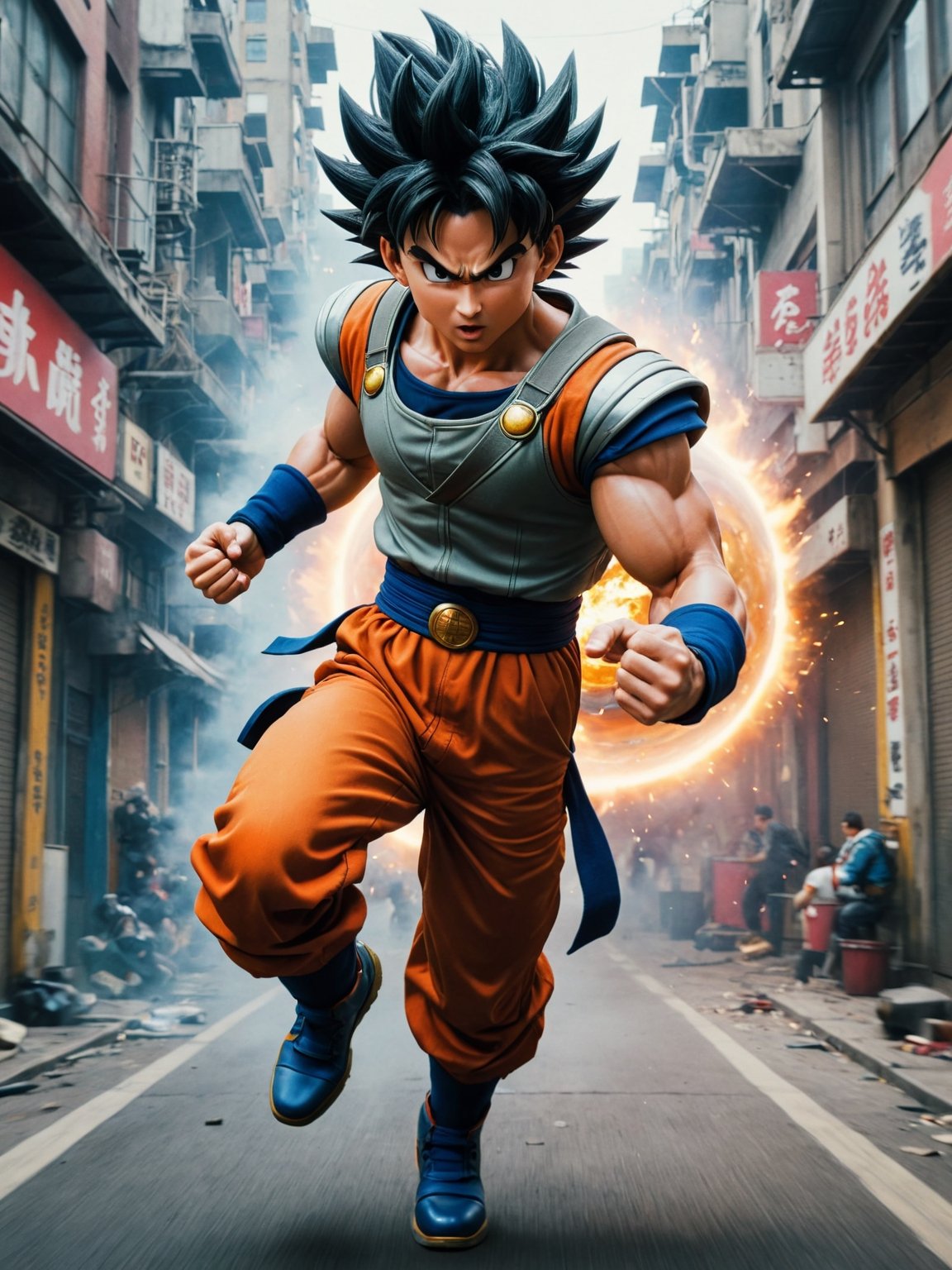 + ranger, Dragonball series, Overwhelmed, in subatomic city, slightly above sight, metal, ascending, exotic, epic cinematographic shot of dynamic in motion, main theme of a high budget action film, rough photography, blur of movement, better quality, high resolution