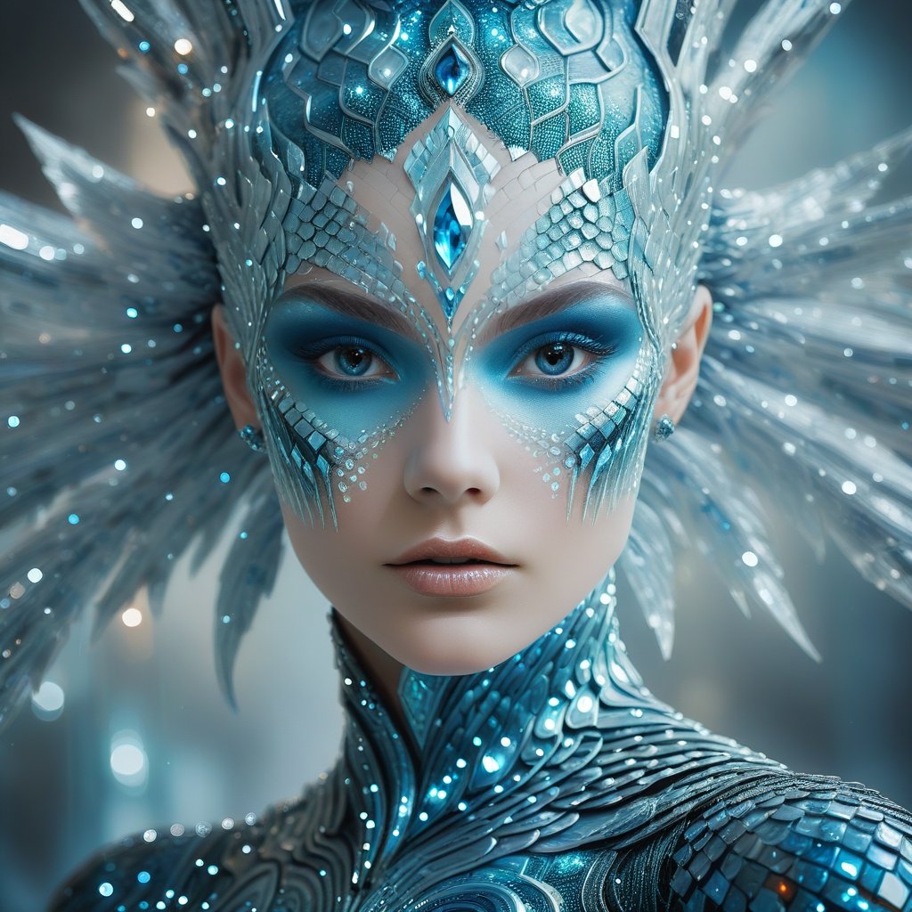 Rorschach Editorial Photography, close up Face, Frost Goddess, Neo Tribal frost Art, detailed skin, ((Background Christmas Tree:1.2) Bokeh:0.7), frost crystal,Hexagonal Scales,Movie Aesthetic,Glass Elements