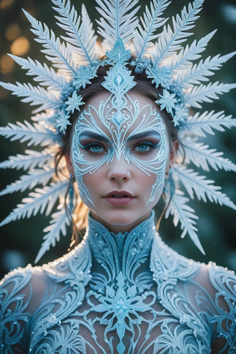 Rorschach Editorial Photography, midshot Portrait, Frost Goddess, Neo Tribal frost Art, ((Background Christmas Tree:1.2) Bokeh:0.7), frost crystal
