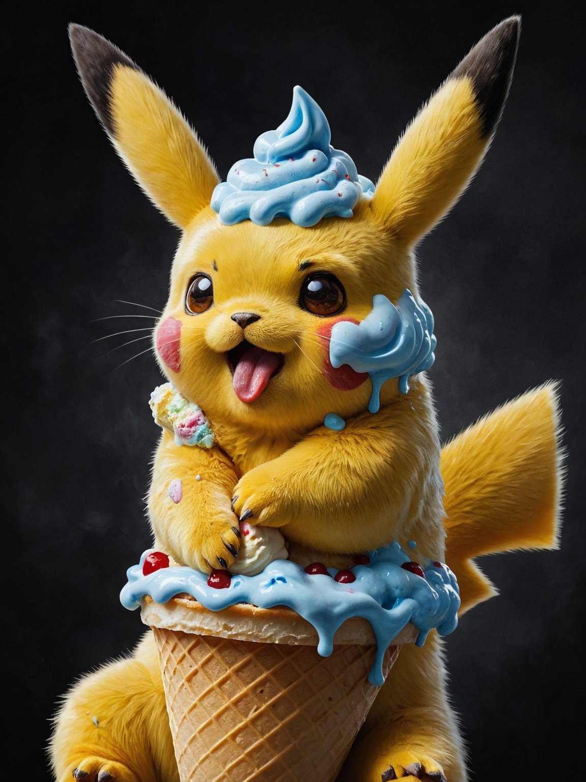 dark oil painting, a side view portrait of a 1Pikachu morphed into a ice-cream cone, with a ice-cream on his head, with passion, looking serene,  high detail, Rembrandt style, 17th century artwork