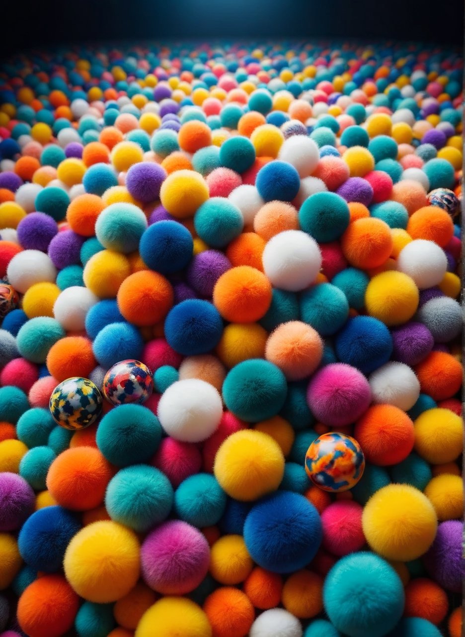 Fisheye Lens, Colorful, close up angle of ((Different balls floating on air)), (dist) , detailed focus, deep bokeh, beautiful, dreamy colors, dark cosmic background, Visually delightful,ral-flufblz