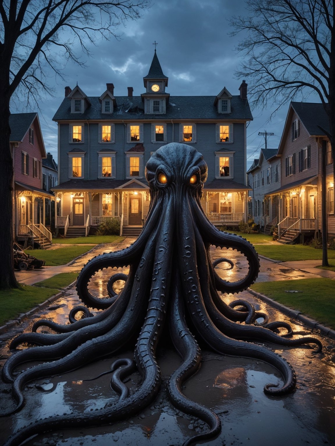 realistic photography,a small,sleepy town under the soft glow of twilight. Suddenly,the ground cracks open,and a monstrous entity emerges. The creature is partially revealed,its colossal tentacles sprawled across the town,smashing houses and trees. The eerie light from the fissure casts monstrous shadows,creating a high-contrast,dynamic scene. The juxtaposition of the quaint town with the chaotic destruction creates a palpable sense of horror and disbelief.,