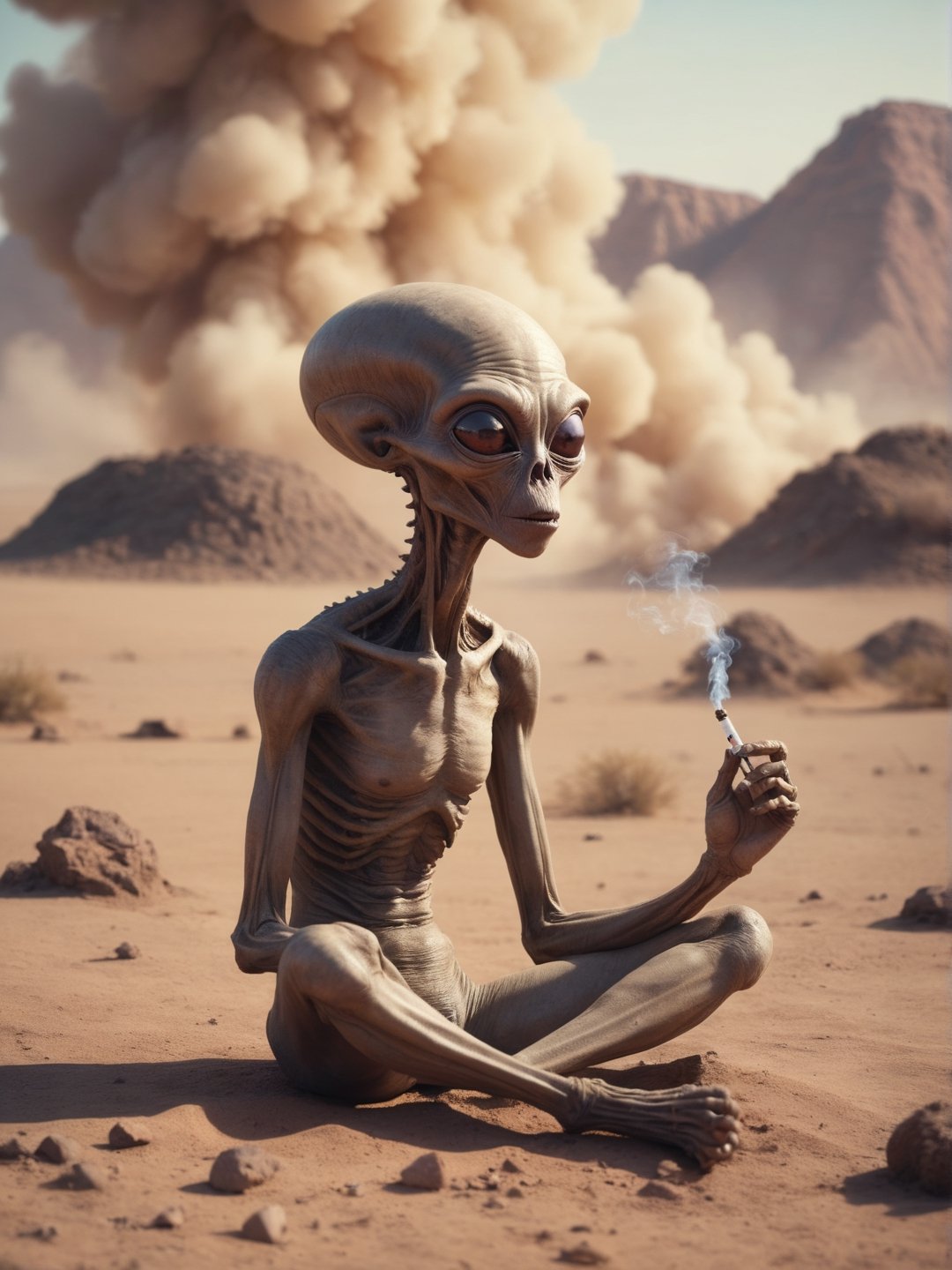 Sad alien smokes, sitting on a ground, An alien ship crashed into the ground, (fire:0.5), desert,
(Smoke:0.9),
,cinematic_warm_color, add_more_creative,alien