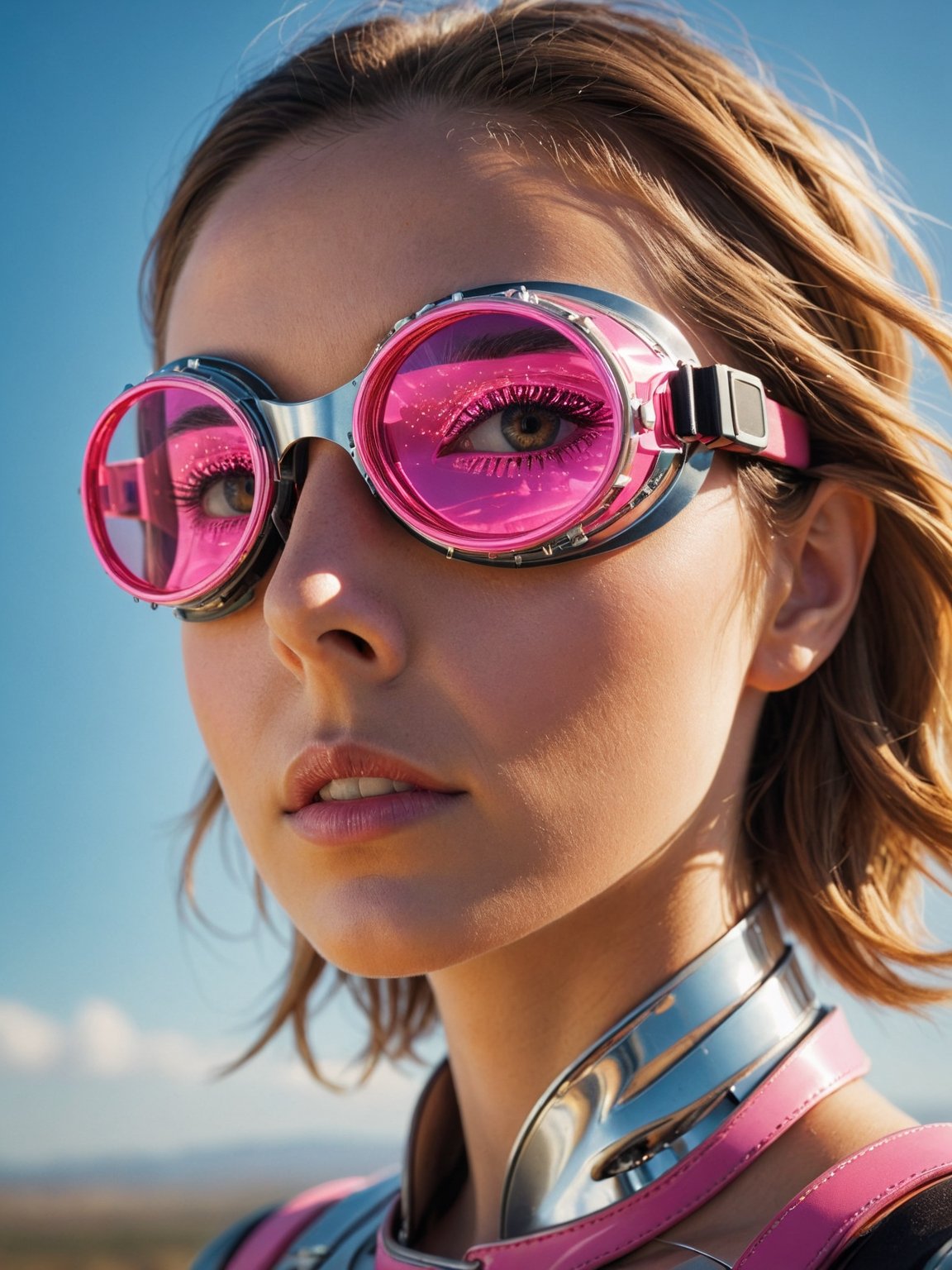 + photograph, Portrait close up, thin Western, Female, Robotic, fluorescent pink Goggles, Sun in the sky, Overdetailed art, Disgusting, Hyperpop, Sun Rays, High Shutter Speed, Cinestill 50, macro Lens, adobe lightroom,Extremely Realistic
