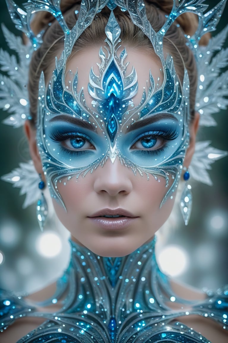 Rorschach Editorial Photography, close up Face, Frost Goddess, Neo Tribal frost Art, detailed skin, ((Background Christmas Tree:1.2) Bokeh:0.7), frost crystal,Glass Elements,(Transperent Parts),