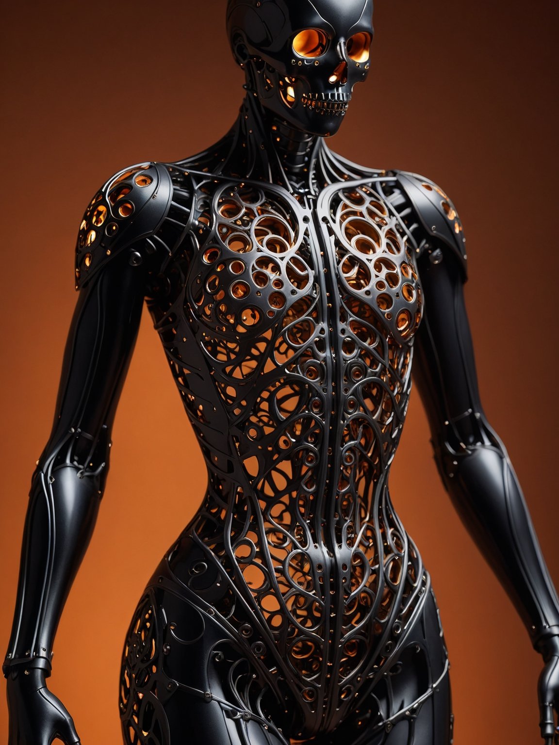 masterpiece, intricate details, dark metal black skeleton cyborg, exquisite delicate metal body structure, intricate detailed filigree delicate inner structure, (voids in body:1.5), (voids in body:1.5), (gaps in body:1.5), (holes in body:1.5), (hollows in body:1.5), close-up shot of torso, see through body, Light source from behind, orange simple background,