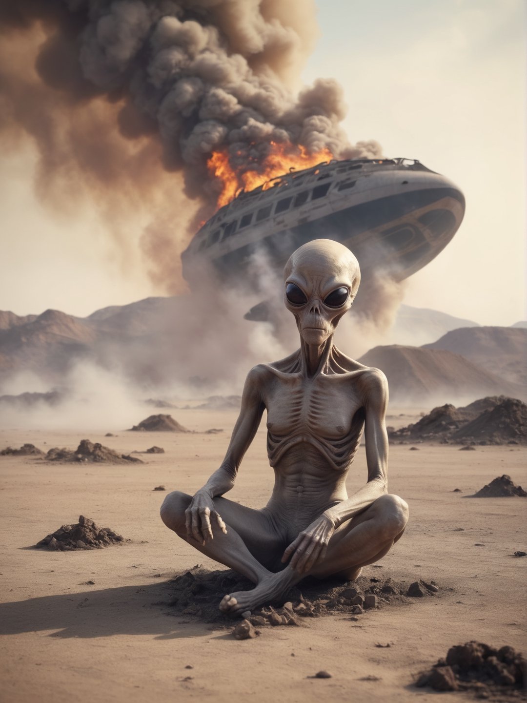 Sad alien in smokes, sitting on a ground, In the distance (An alien ship crashed to the ground, debris burning in the smoke), desert,,cinematic_warm_color, add_more_creative,alien