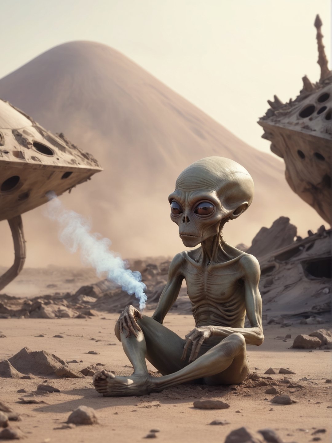 Sad alien smokes, sitting on a ground, An alien ship crashed into the ground, desert, (fire:0.2),
(debris scattered:0.9),
,cinematic_warm_color, add_more_creative,alien
