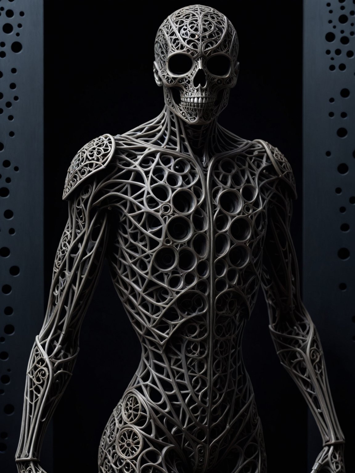 masterpiece, intricate details, dark metal black skeleton cyborg, exquisite геометрическая metal body structure, intricate detailed filigree delicate inner structure, (voids in body:1.3), (voids in body:1.3), (gaps in body:1.5), (holes in body:1.5), (hollows in body:1.5), close-up shot of torso, see through body, orange background,ral-pnrse