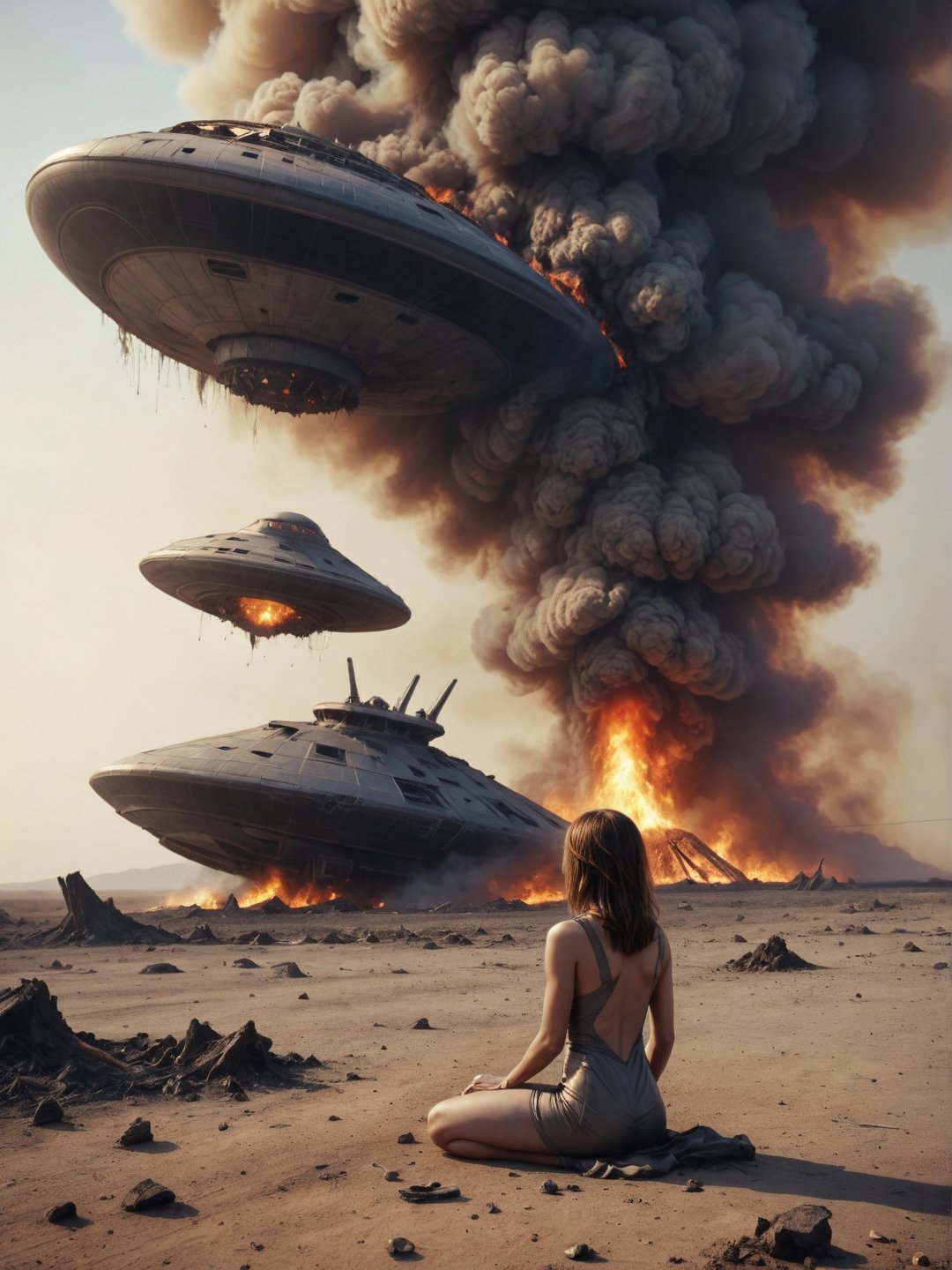 Sad alien in smokes, sitting on a ground, In the distance (An ufo_ship crashed to the ground, debris burning in the smoke), desert,,cinematic_warm_color, add_more_creative,alien_woman