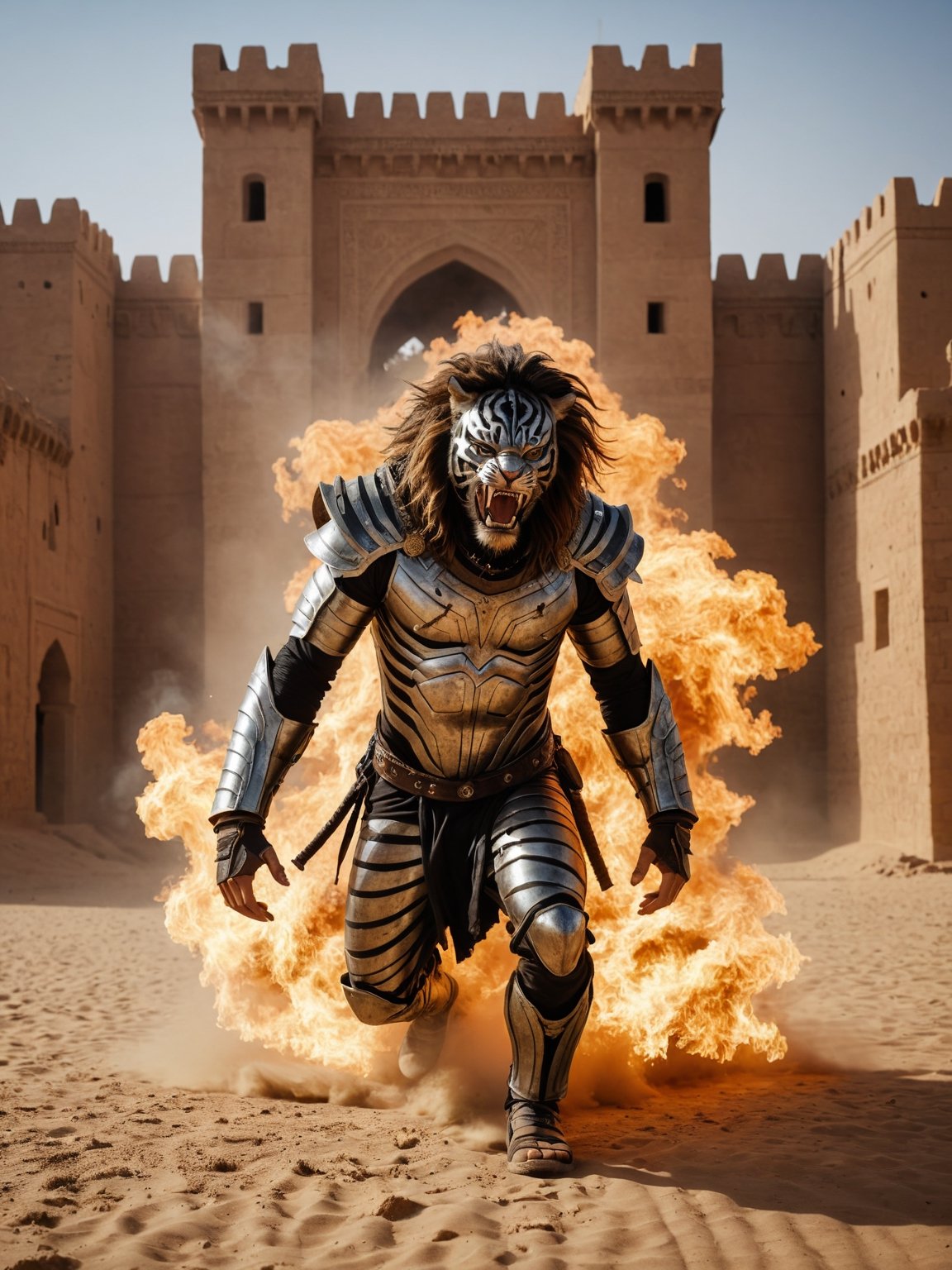 + Metalhead, Tigre, Q2, nomad, in Moroccan desert castle, full body photo view, Horror wave, burning, abyssal, epic cinematographic shot of moving dynamics, main theme of a high budget action film, rough photography, motion blur, better quality, high resolution